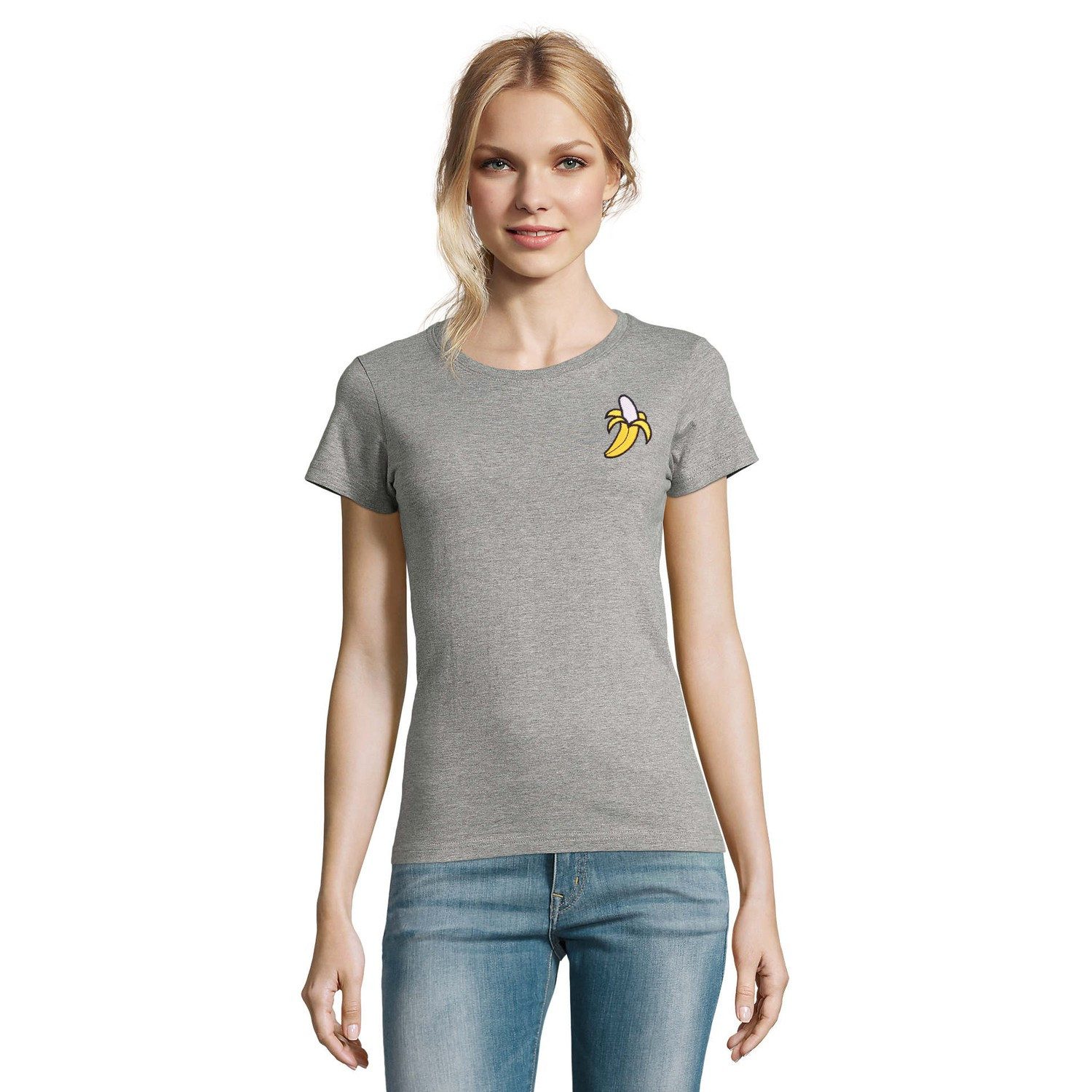 Blondie & Brownie T-Shirt Banane Damen T Shirt Stickaufnäher (Einzelartikel) Kleine Tropenidee mit Retro-Charme