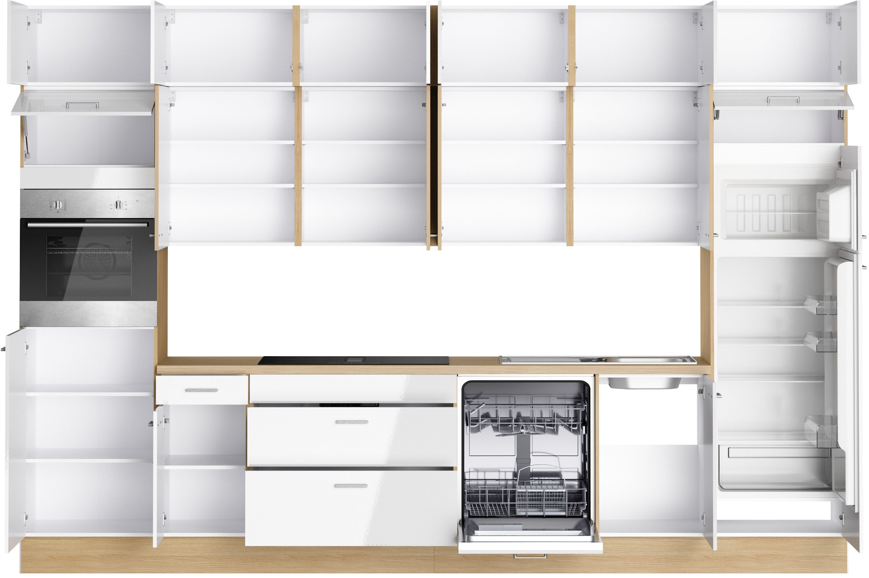 KOCHSTATION Küchenzeile KS-Lucy wahlweise mit Induktionskochfeld mit integriertem Dunstabzug, Breite 360 cm, Soft-Close, inkl. Zubehör, wahlweise mit E-Geräten