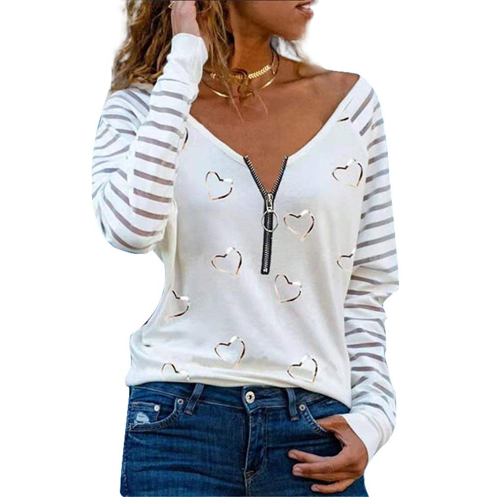 DEBAIJIA Spitzenshirt DEBAIJIA Damen C Langarm V-Ausschnitt - Reißverschluss Tops Langarmshirt Weiß