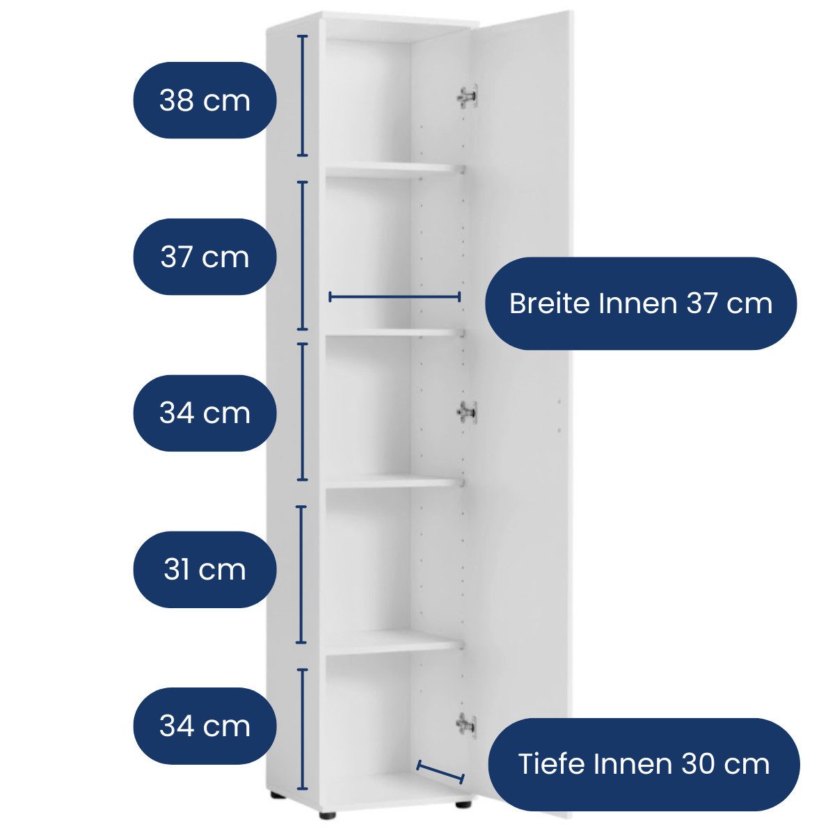Home Collective Mehrzweckschrank Schmaler Schrank 40 cm breit mit 1 Tür & 4 Einlegeböden (Universalschrank Haushaltsschrank für Haushalt, Flur, Büro oder Schlafzimmer) 40x35x184 cm (BxTxH), Weiß
