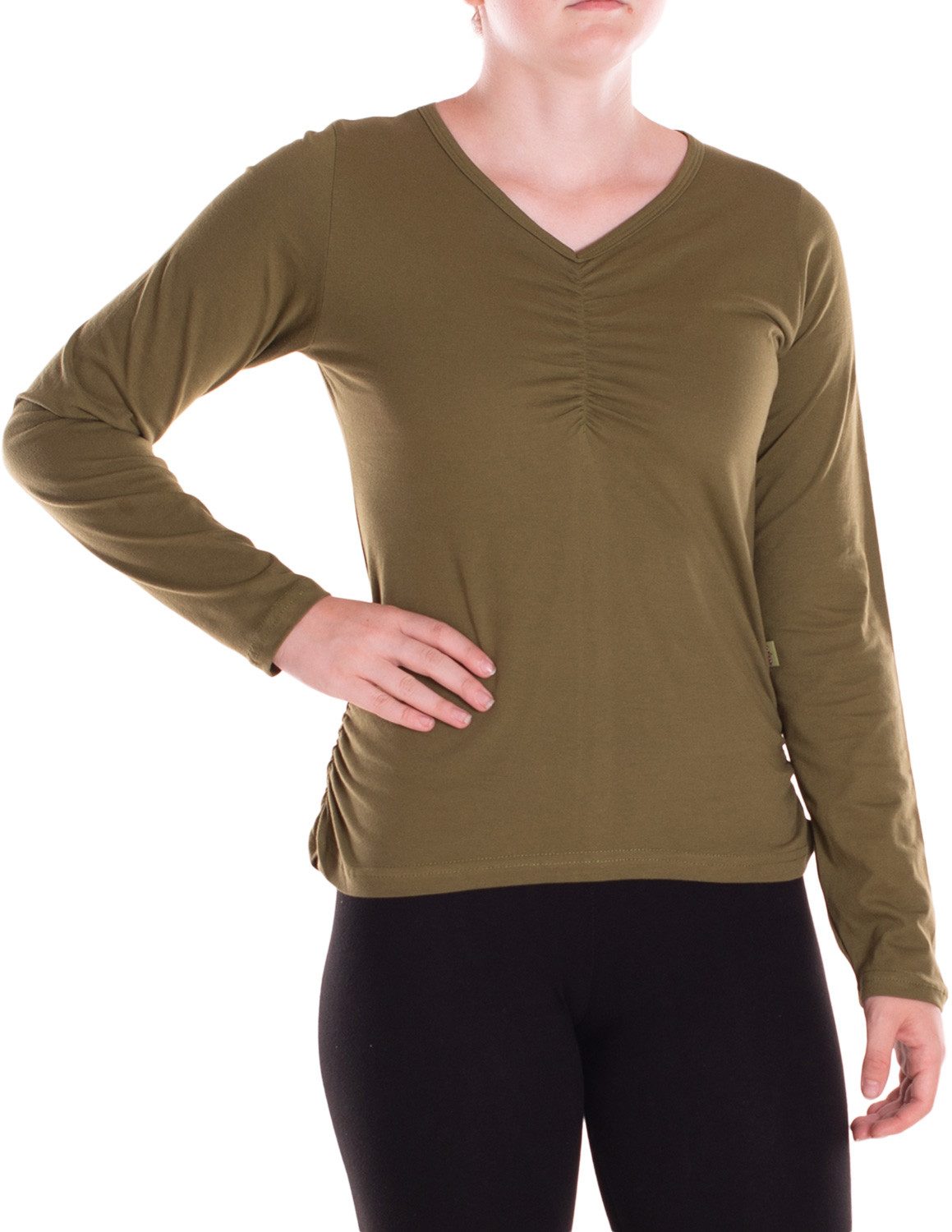 Langarmshirt Damen Gerafft V-Ausschnitt Baumwoll-Jersey
