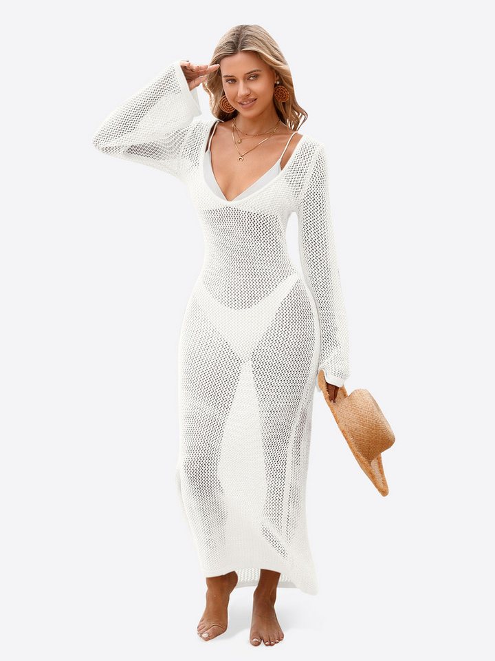 Imily Bela Strandkleid Damen Häkelstrick Beach Bikini Cover-Up Strandüberwurf (Packung, 1-tlg., 1per-Pack) mit Glockenärmeln und V-Ausschnitt