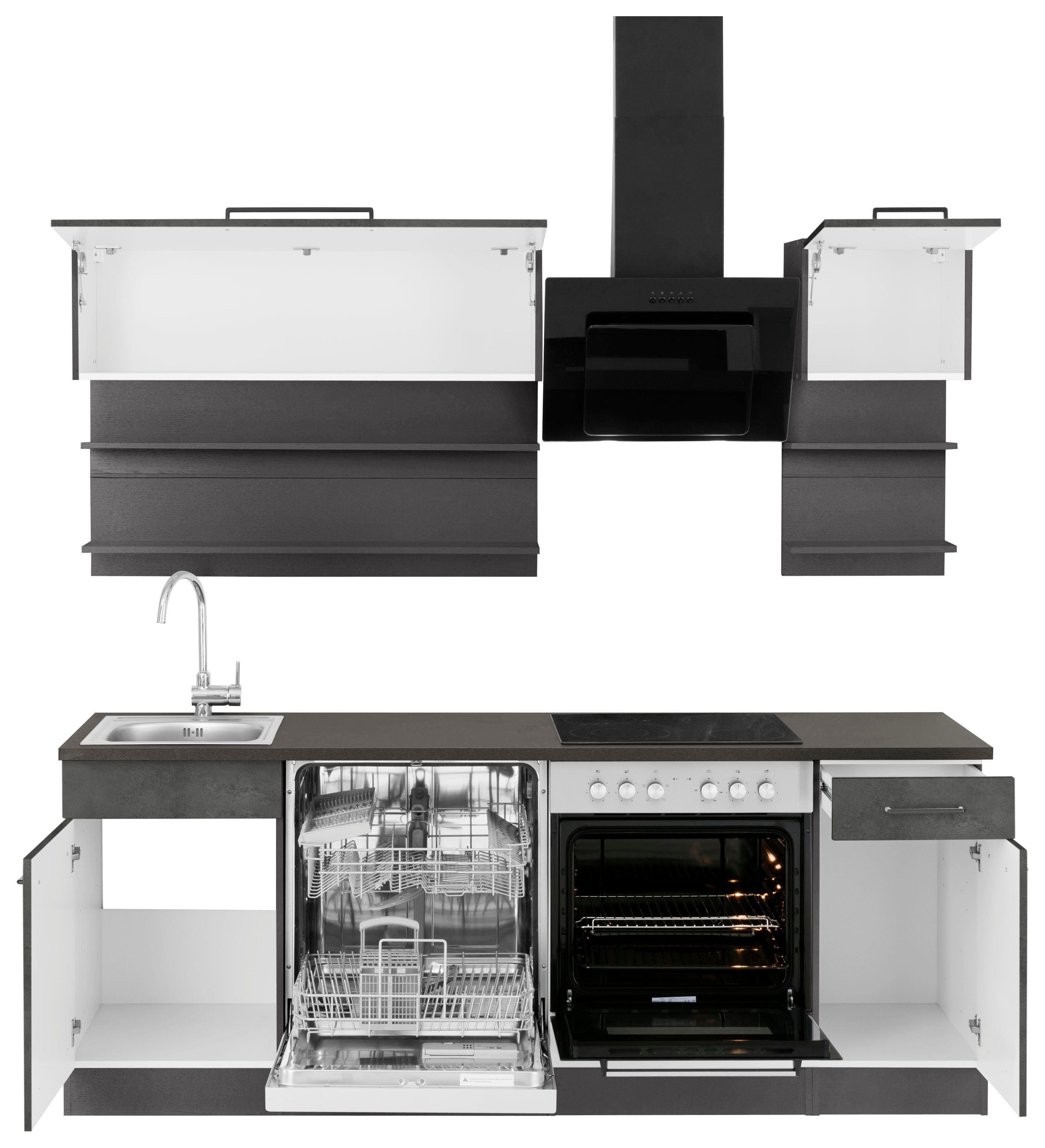 KOCHSTATION Küchenzeile KS-Tulsa, mit E-Geräten, Breite 210 cm, schwarze Metallgriffe, MDF Fronten