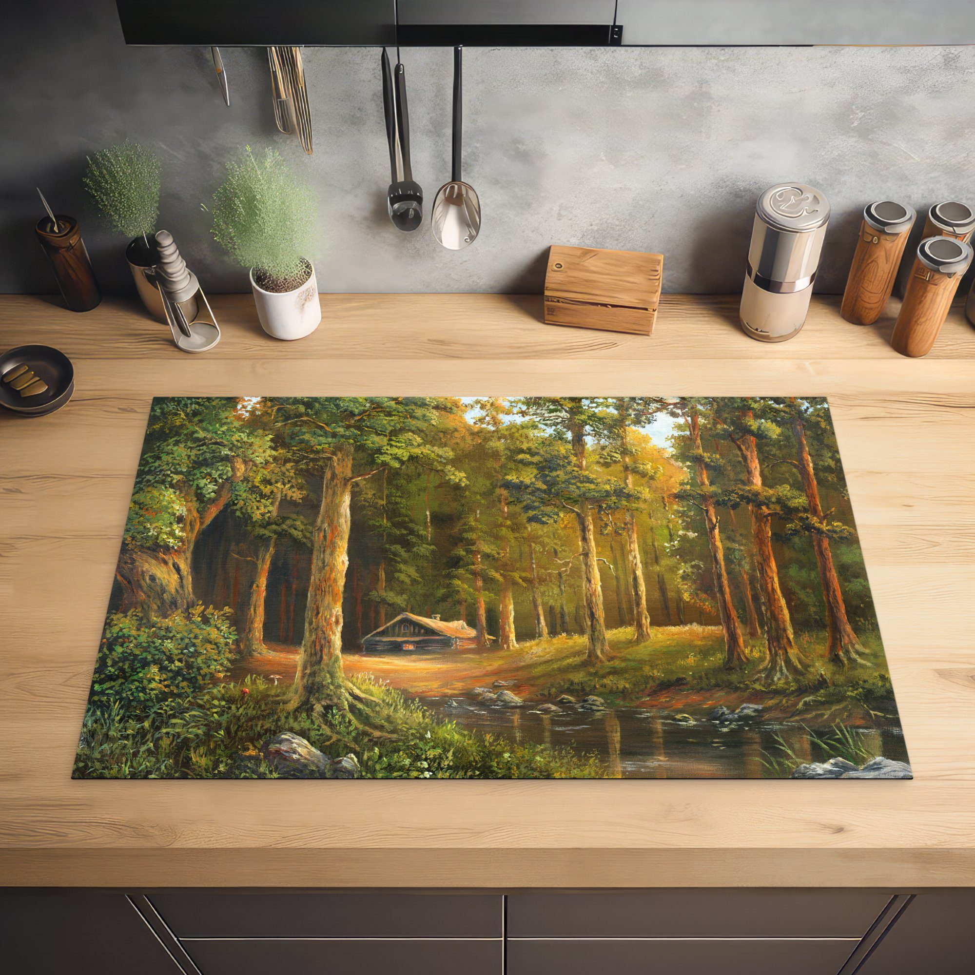 MuchoWow Illustration die tlg), einer Herdblende-/Abdeckplatte 81x52 Schutz Vinyl, (1 Ceranfeldabdeckung Wald, Eine in cm, einem für küche, Hütte Induktionskochfeld