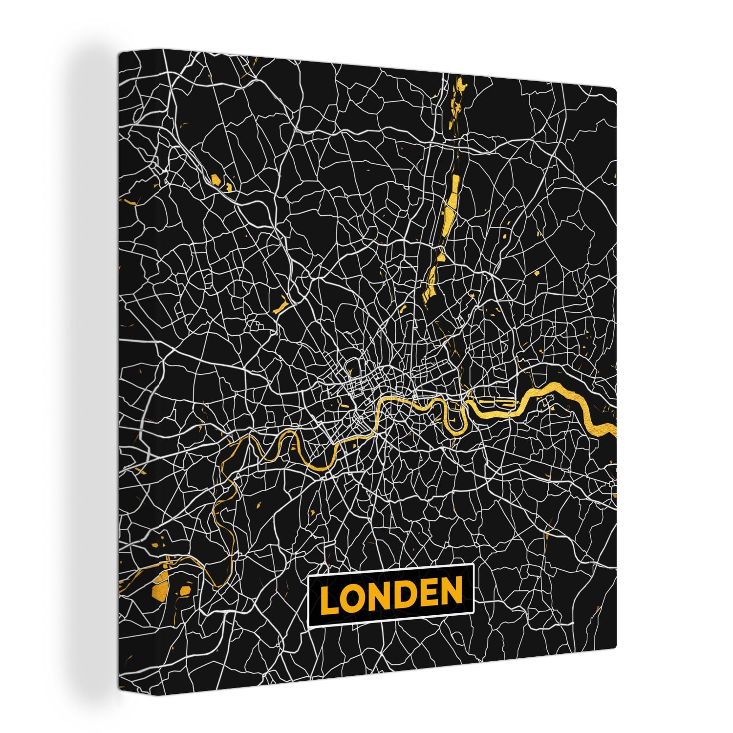 - Bilder OneMillionCanvasses® Leinwand Schlafzimmer Leinwandbild Gold - - St), (1 London für Wohnzimmer Stadtplan Karte,