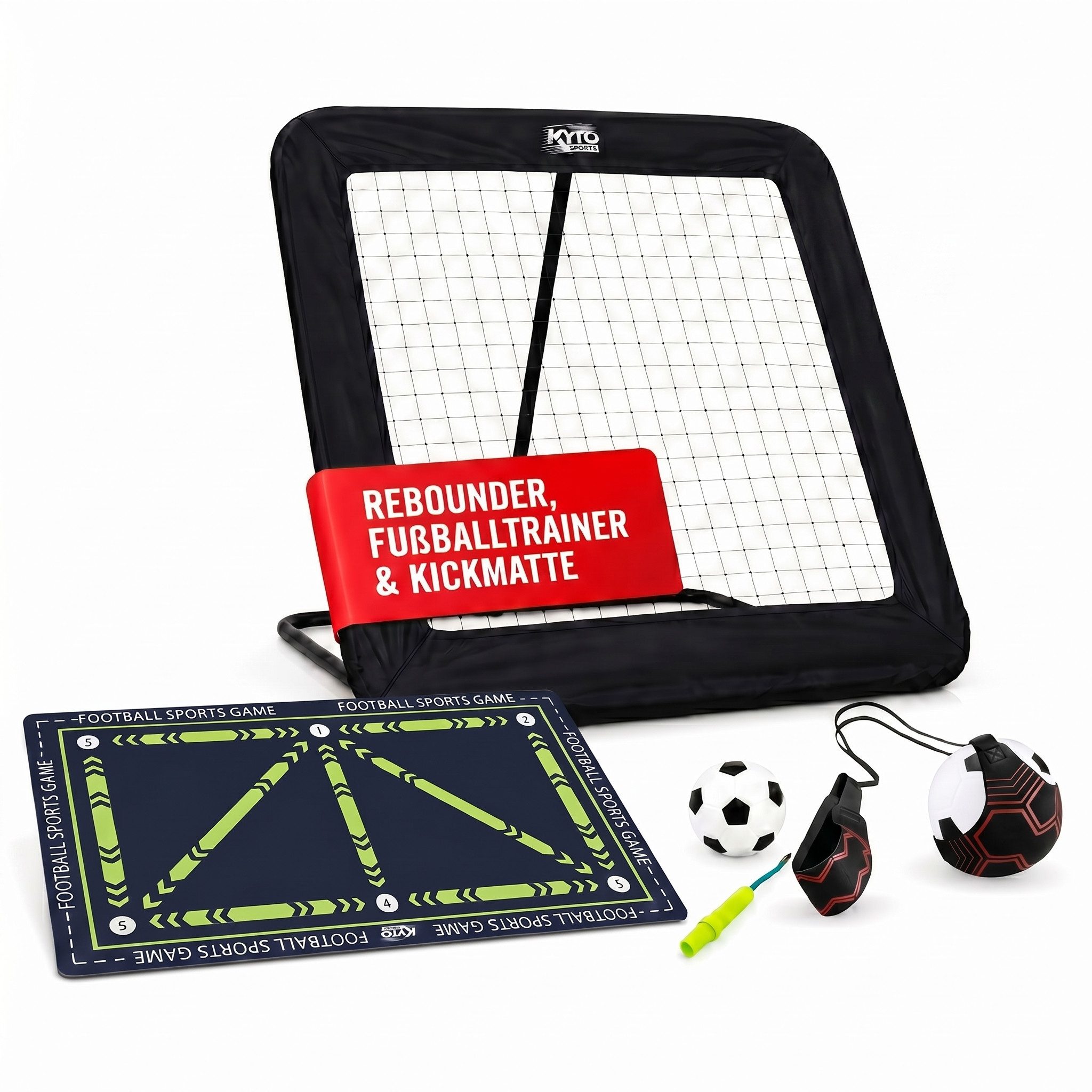 Kyto Fußballtor Kyto Fußball Trainingsset Rebounder, Trainer mit Schnur & Kickmatte