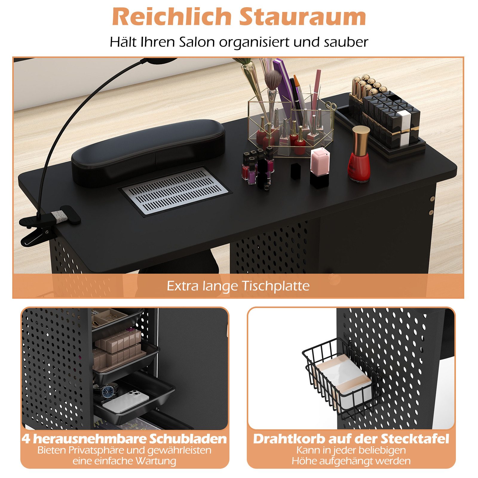 COSTWAY Arbeitstisch, Manikürtisch mit Rollen, Nageltisch mit Staubbeuteln