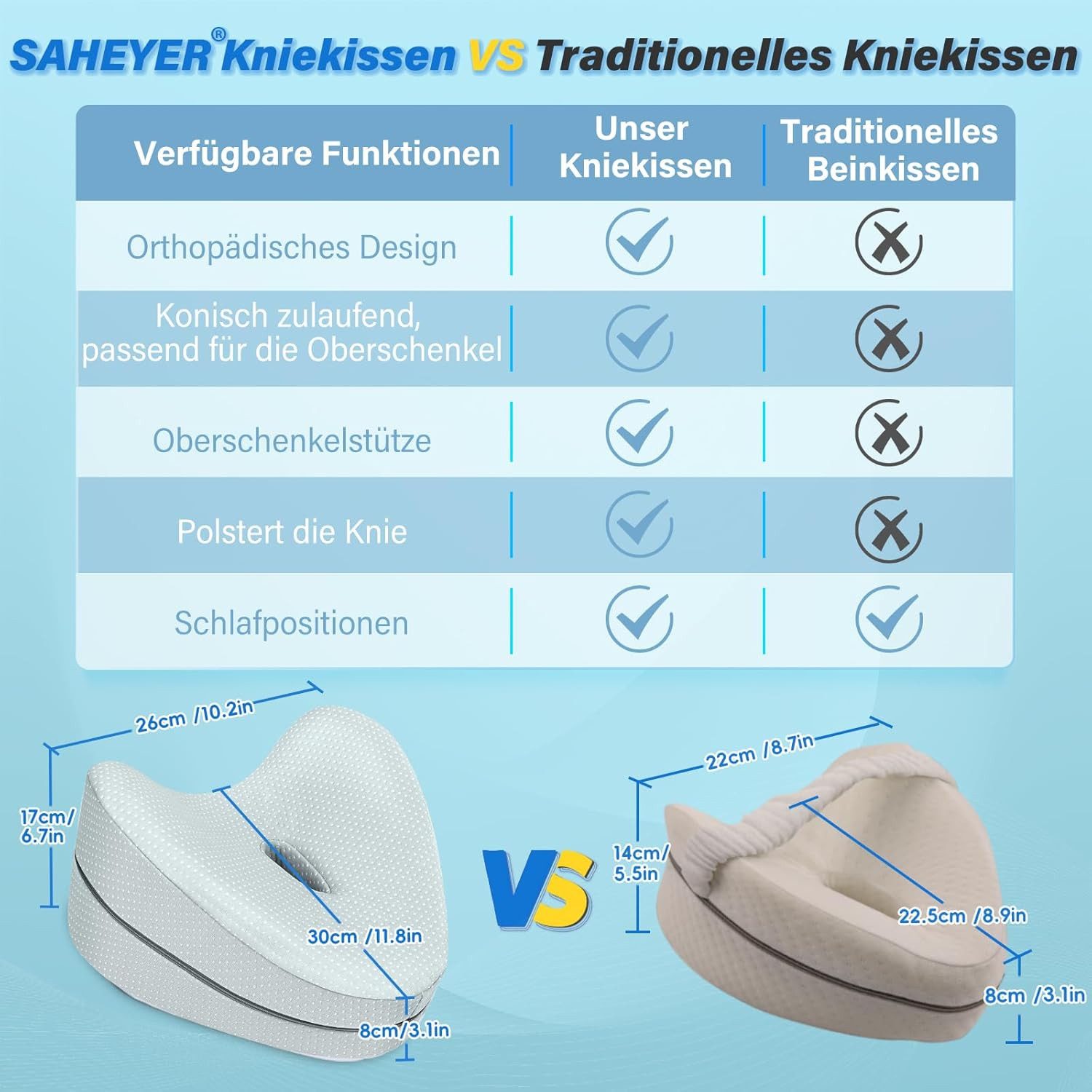 Vivitar Kniekissen für Seitenschläfer, Memory Foam Beinkissen zur Entlastung von Rücken, (Premium Memory-Schaum für erholsamen Schlaf & bessere Körperhaltung, Hüfte & Knien, Ergonomisches Design mit abnehmbarem, waschbarem Bezug)