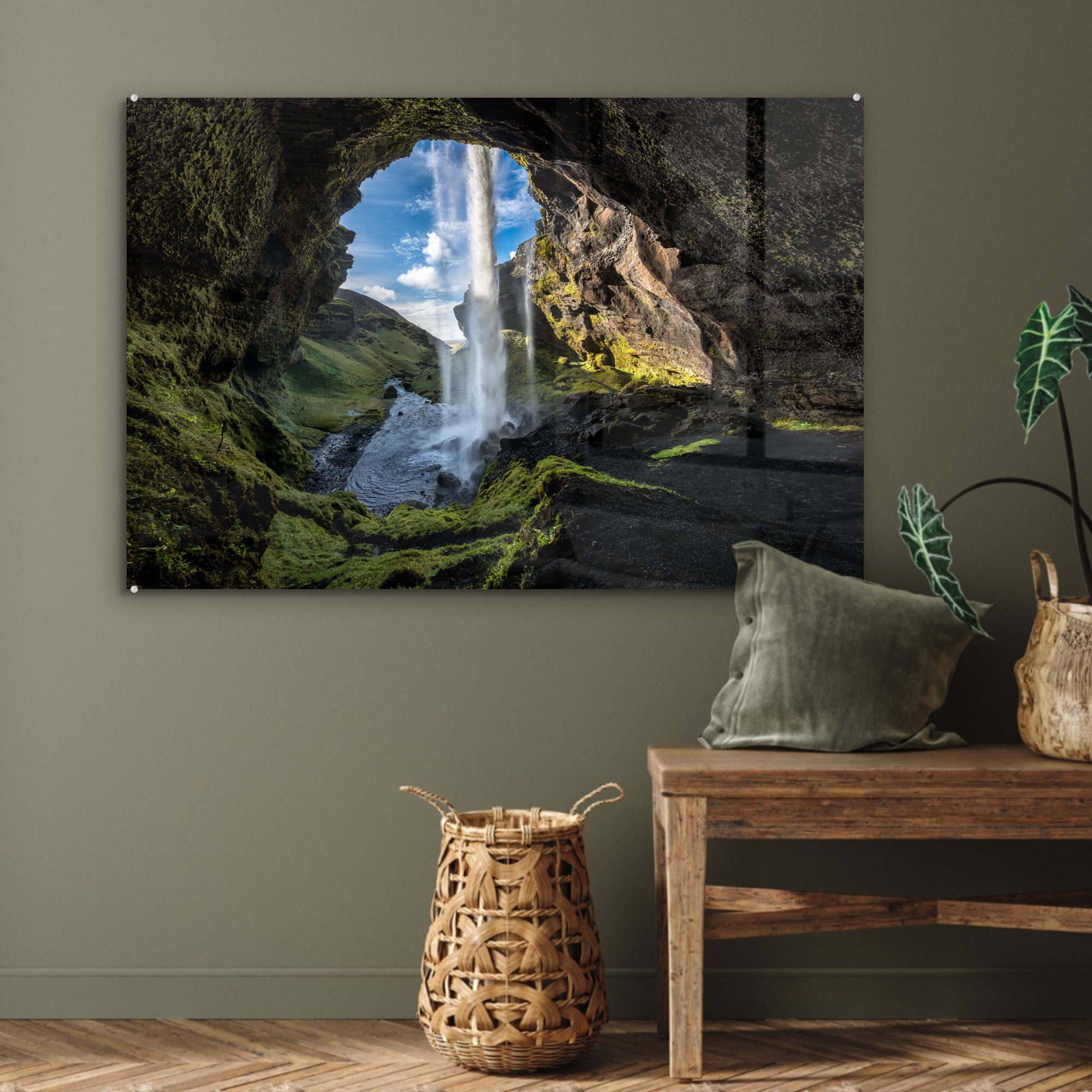 St), (1 Acrylglasbild & Wohnzimmer Wasserfall MuchoWow Schlafzimmer einer Höhle Acrylglasbilder vor Island, in