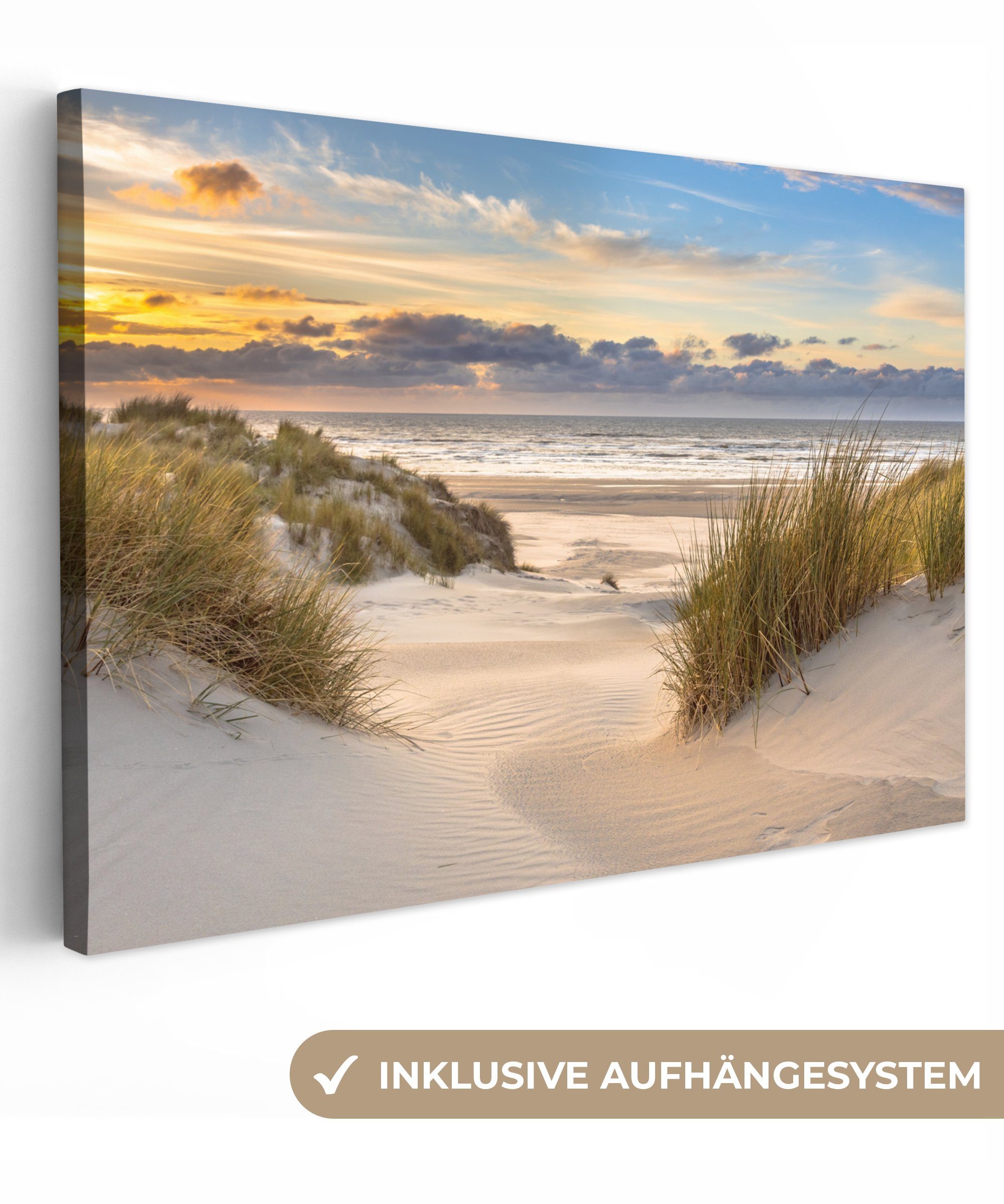 OneMillionCanvasses® Leinwandbild Strand - Düne - Gras - Sonnenuntergang - Meer, (1 St), Wandbild für alle Wohnbereiche, Gemälde, XXL, großes, 120x80 cm