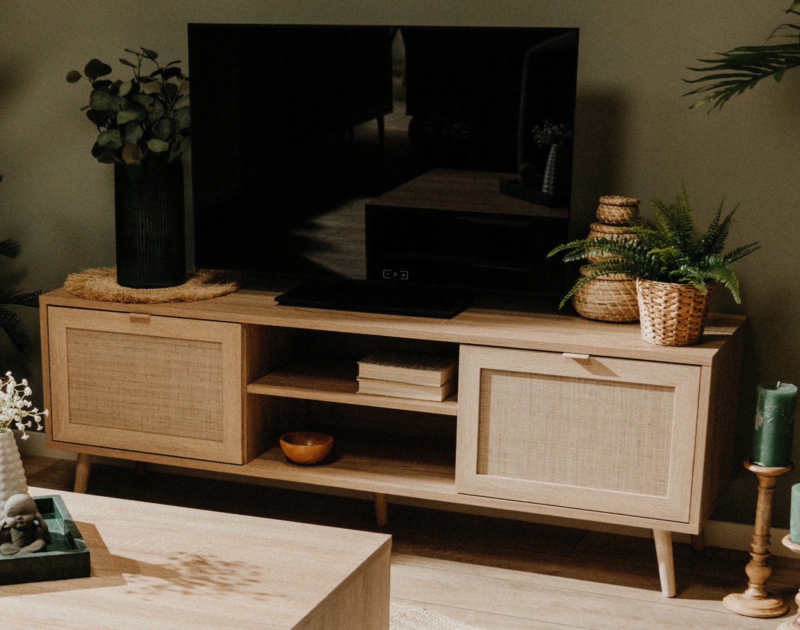 Furn.Design Lowboard Niran (in Sonoma Eiche mit Bast - Dekor, TV-Unterteil 150 x 52 cm), Scandi Design