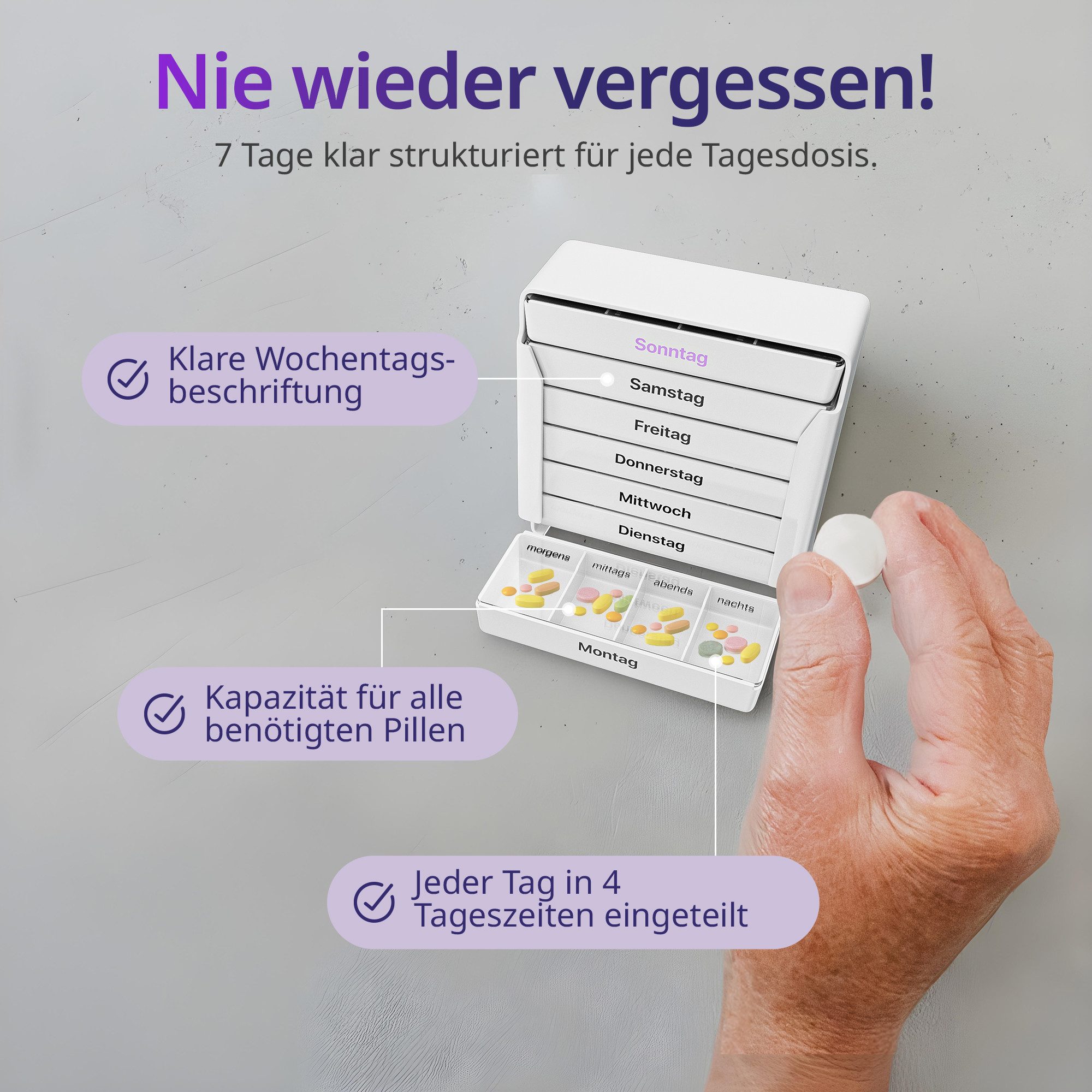 Senomed Pillendose Tablettenbox Weiß 7 Tage mit 4 Fächern pro Tag – Wochendosierer, Hochwertig, Langlebig, Robust