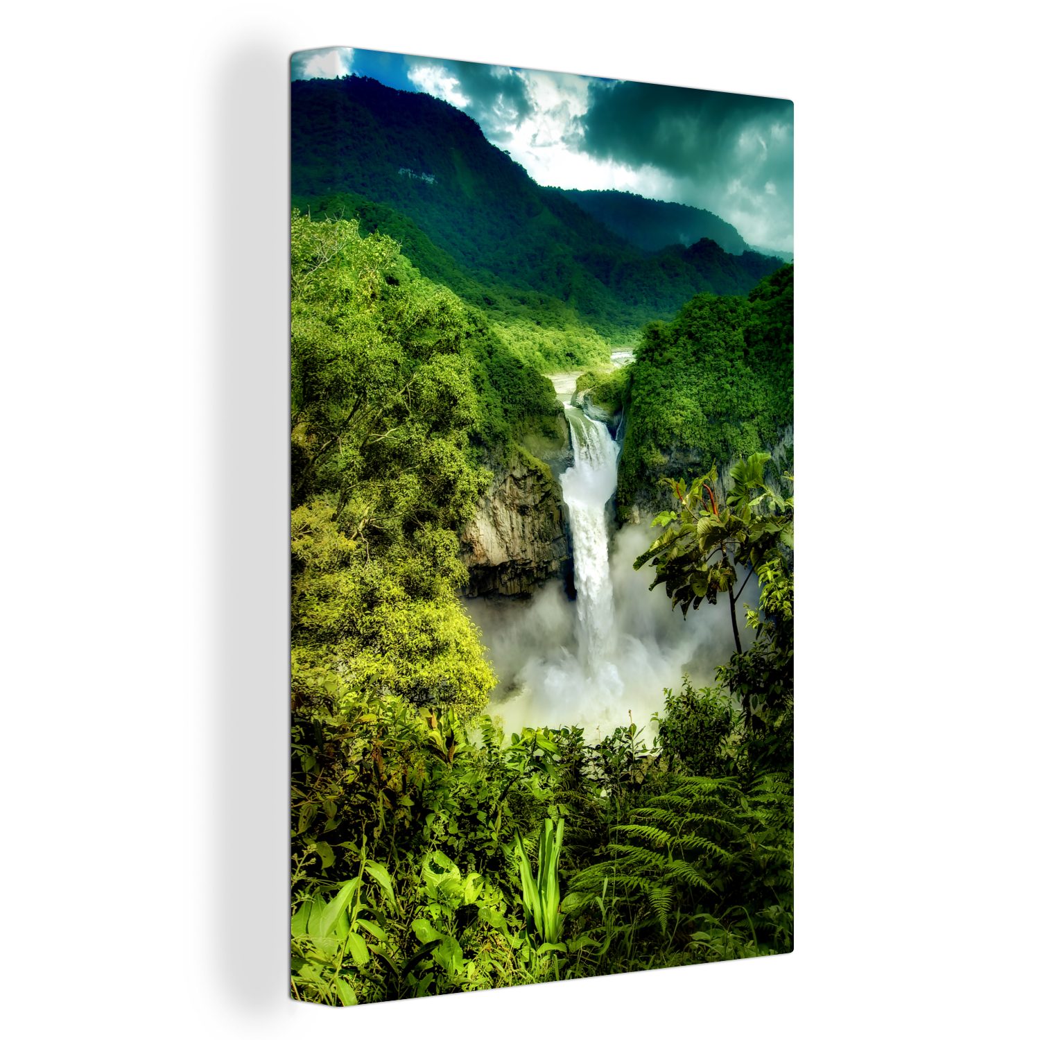 - bespannt Leinwandbild Wasserfall inkl. Leinwandbild - Zackenaufhänger, St), Berge Gemälde, OneMillionCanvasses® Dschungel, cm fertig (1 20x30
