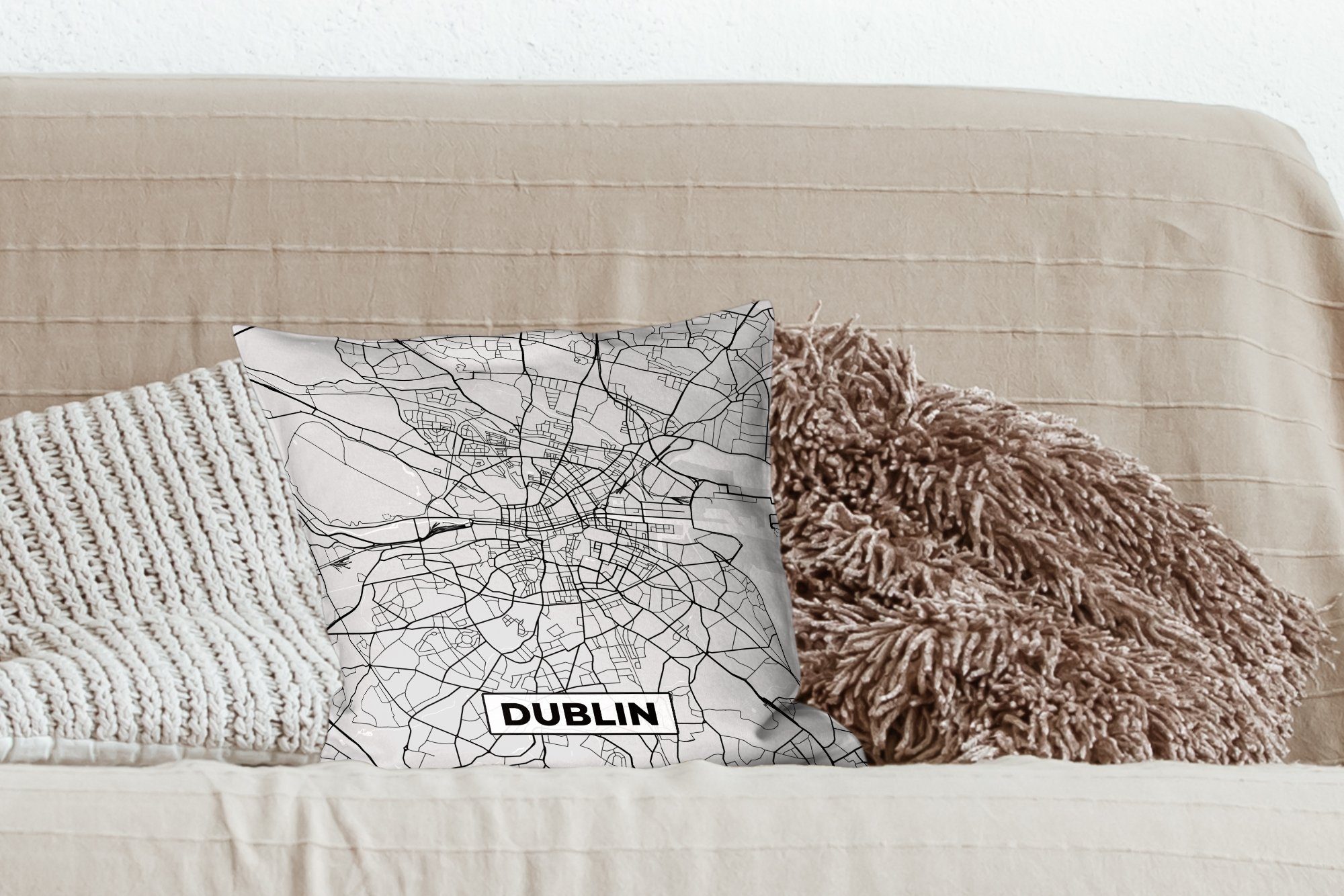 - mit Stadtplan Dekokissen Schlafzimmer, Dublin Wohzimmer, Karte, Füllung und Zierkissen Weiß Deko, - Schwarz für Sofakissen - MuchoWow