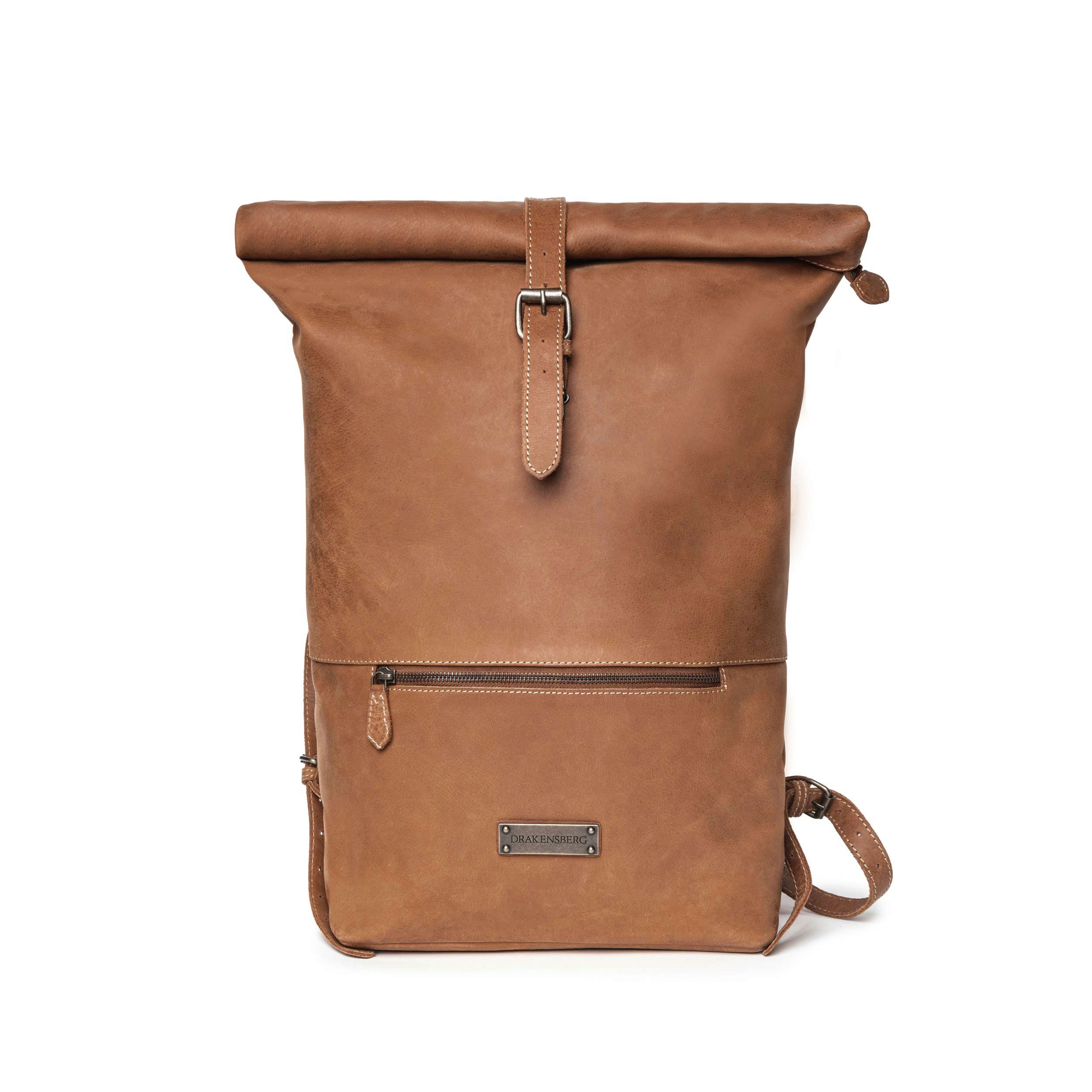 DRAKENSBERG Rucksack Roll-Top »Ryan« Havanna-Braun, Herren, Damen, eleganter Fahrradrucksack aus Leder mit Laptopfach