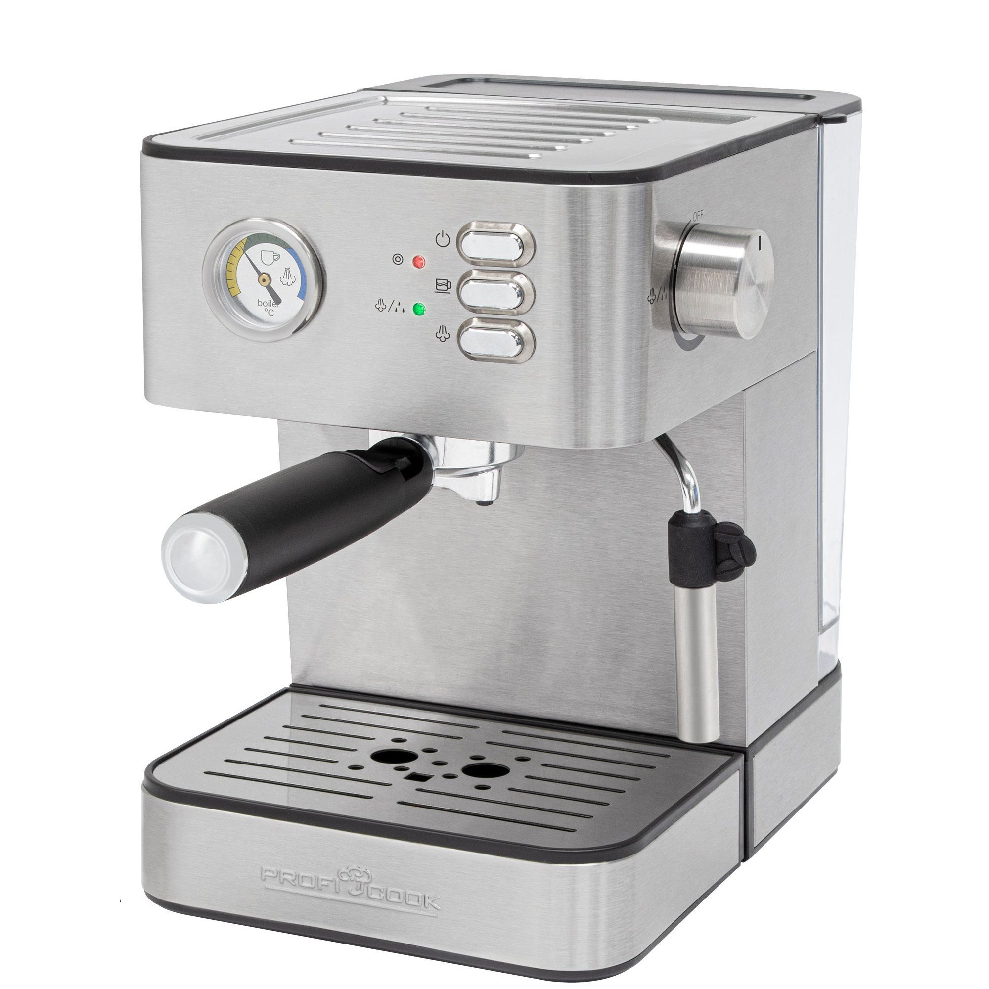 ProfiCook Espressomaschine PC-ES 1209, Alu-Druckguss-Siebträger, Profi-Espressopumpe, Aufschäumfunktion edelstahl