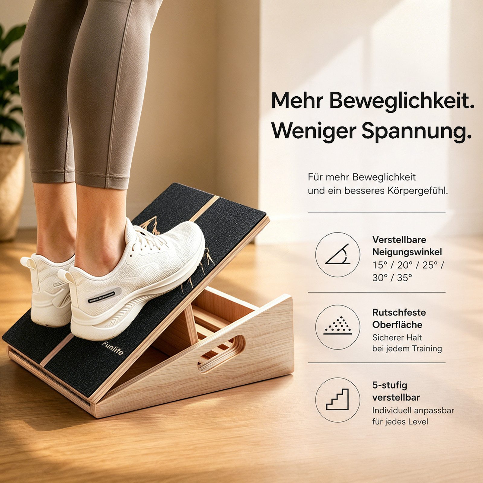 FunLife Balanceboard Slant Board BERG & FLOW Design-Edition, 5 Neigungswinkel, aus Mehrschichtholz, rutschfest, bis 150 kg