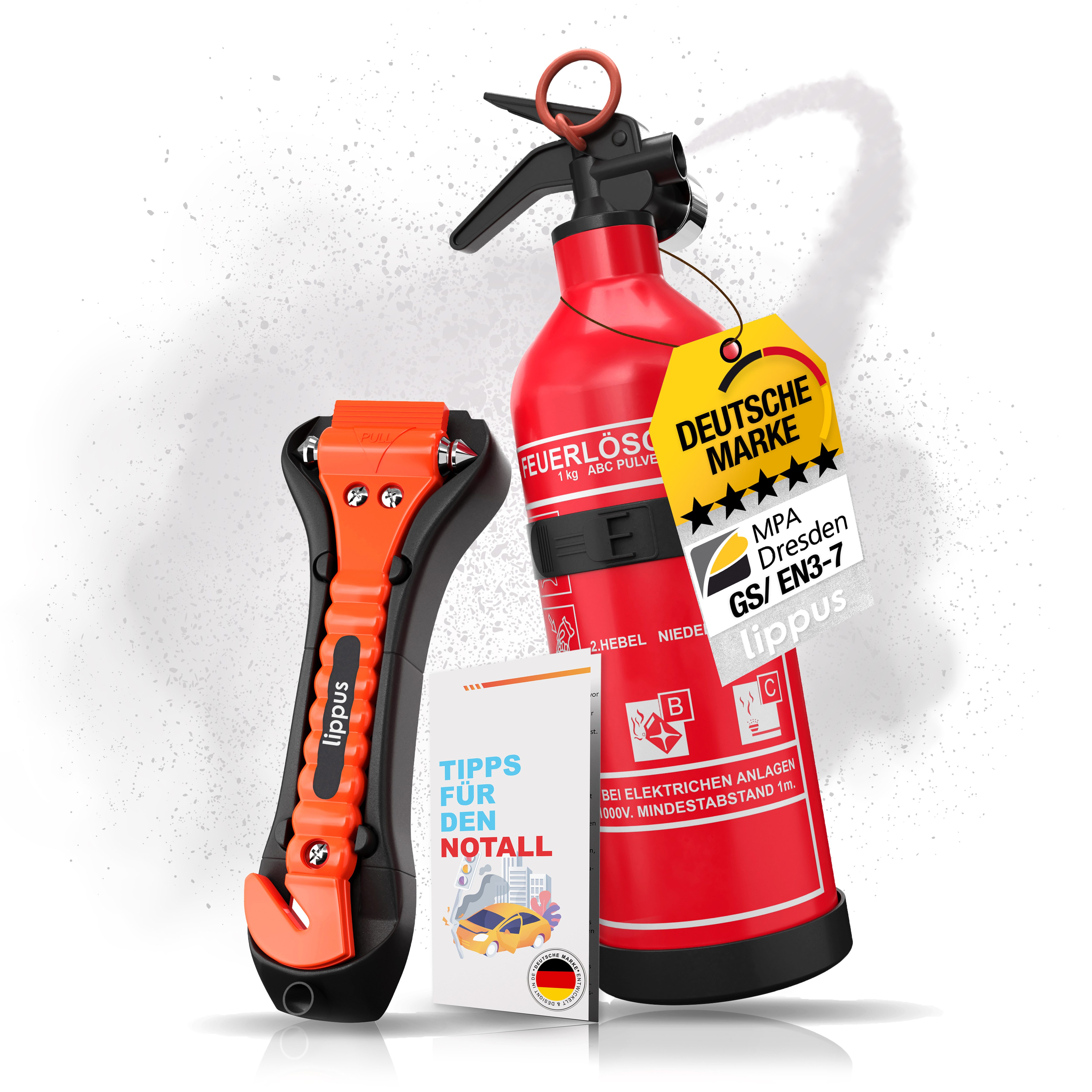 lippus Pulver-Feuerlöscher Feuerlöscher Auto 1kg + Nothammer Auto mit Gurtschneider +NOTFALLKARTE, Pulver, (3-St) Feuerlöscher mit Nothammer und Notfallkarte