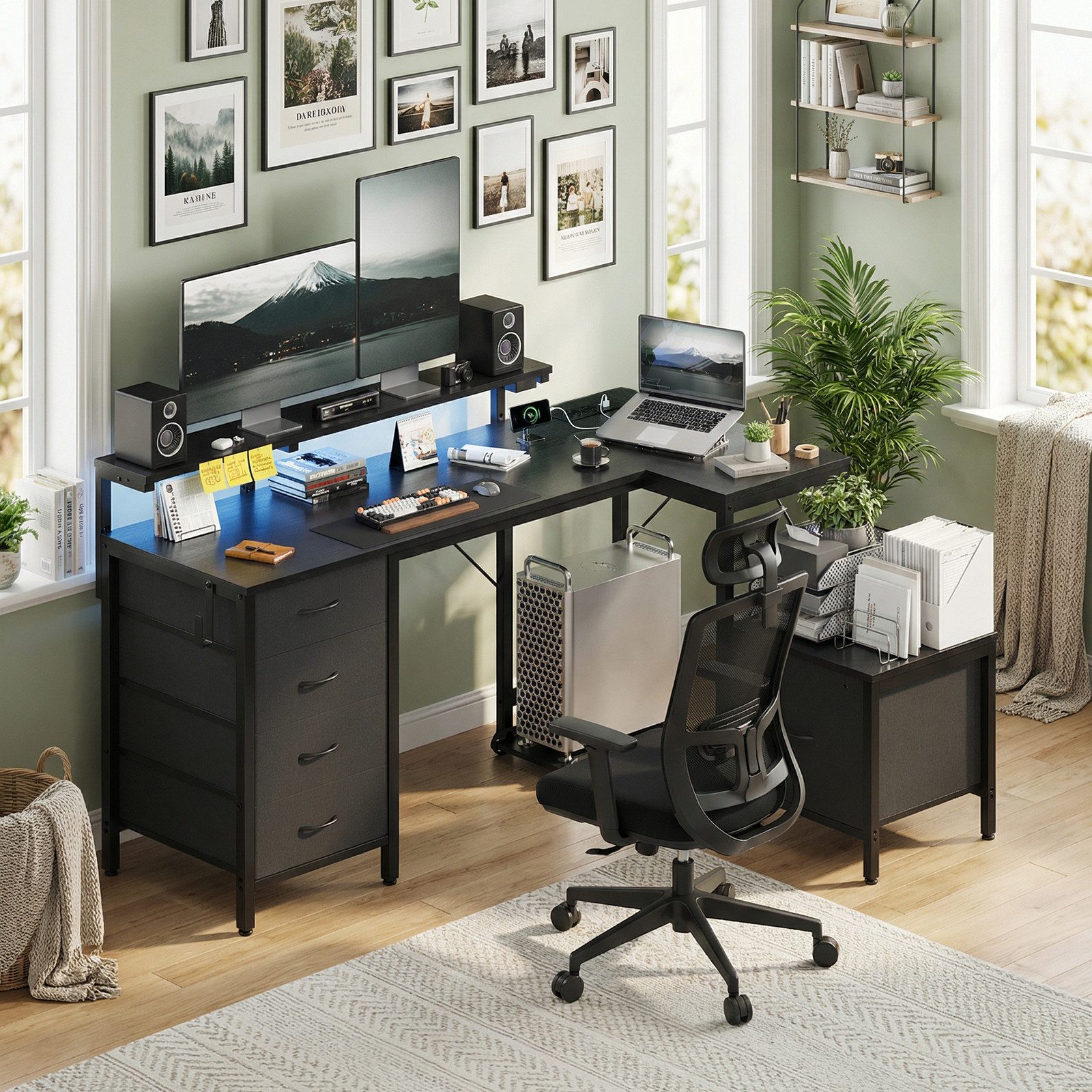 HOMALL Eckschreibtisch 140/160 cm Schreibtisch mit Schubladen, Monitorhalterung, Gaming-Tisch (Monitorarm hohenverstellbar von 12 bis 27 cm, mit 5 mit Stof ausgekleideten Schubladen, Montageoption links/rechts, Platz fur Drucker)