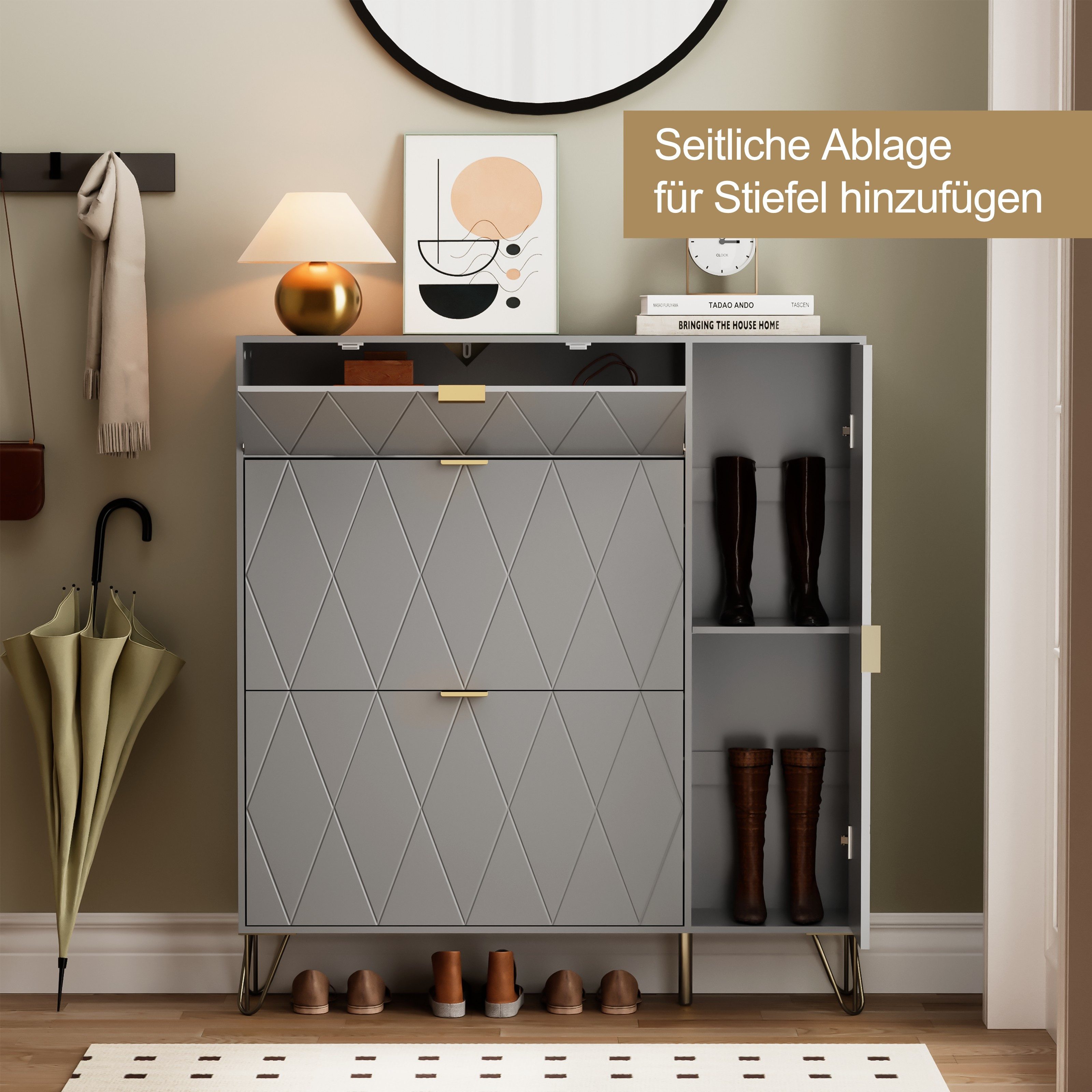 UEV Schuhschrank mit 4 Klappen schmal Schuhkipper Schuhregal (105x24x120cm) verstellbare und herausnehmbare Trennwände für verschiedene Schuhtypen