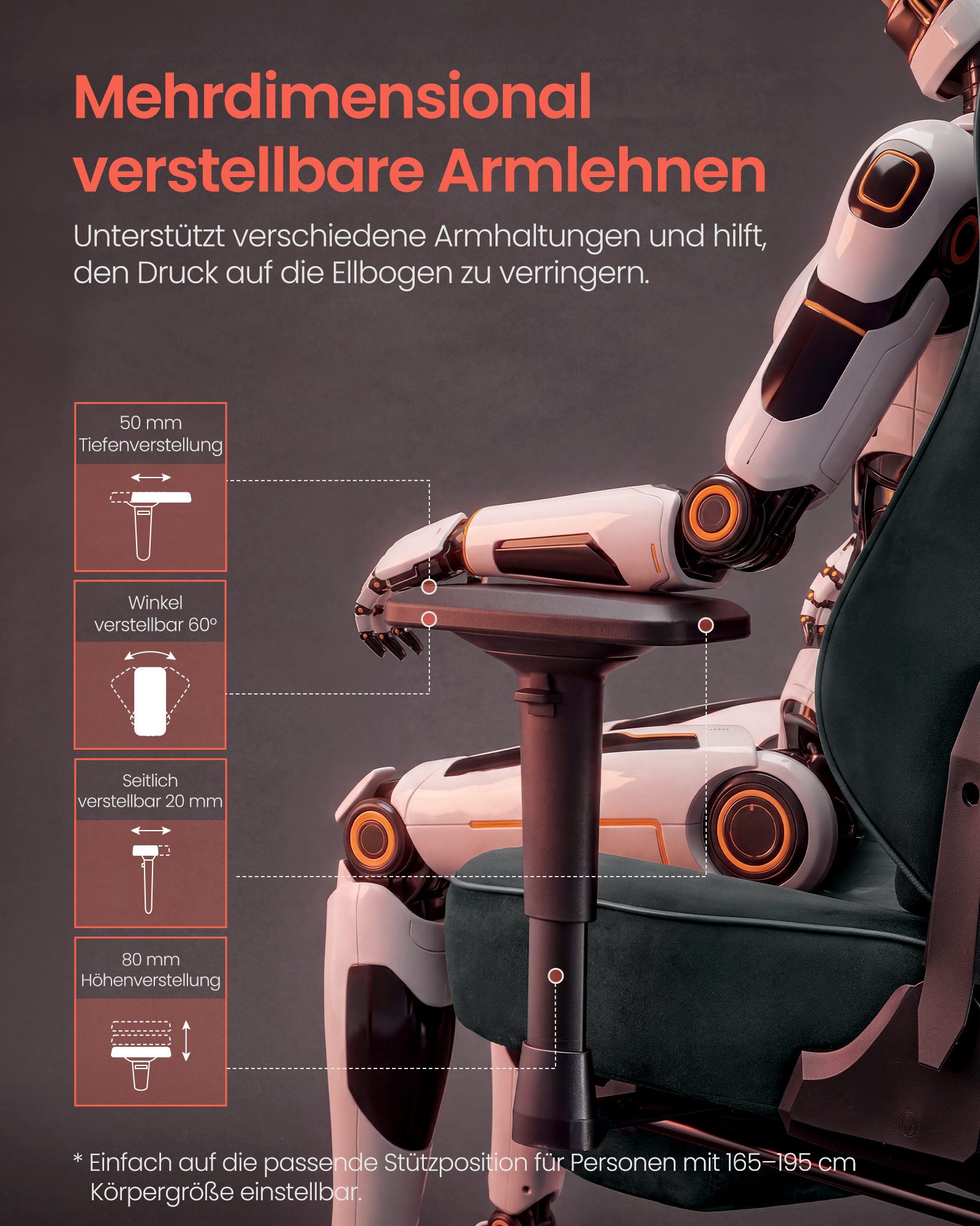 SONGMICS Gaming-Stuhl Schreibtischstuhl ergonomisch, 4D verstellbare Armlehnen, Fußstütze, Bis 180 kg belastbar, 72 x 72 x (125-135) cm, Wildlederimitat – Bild 2 von 5