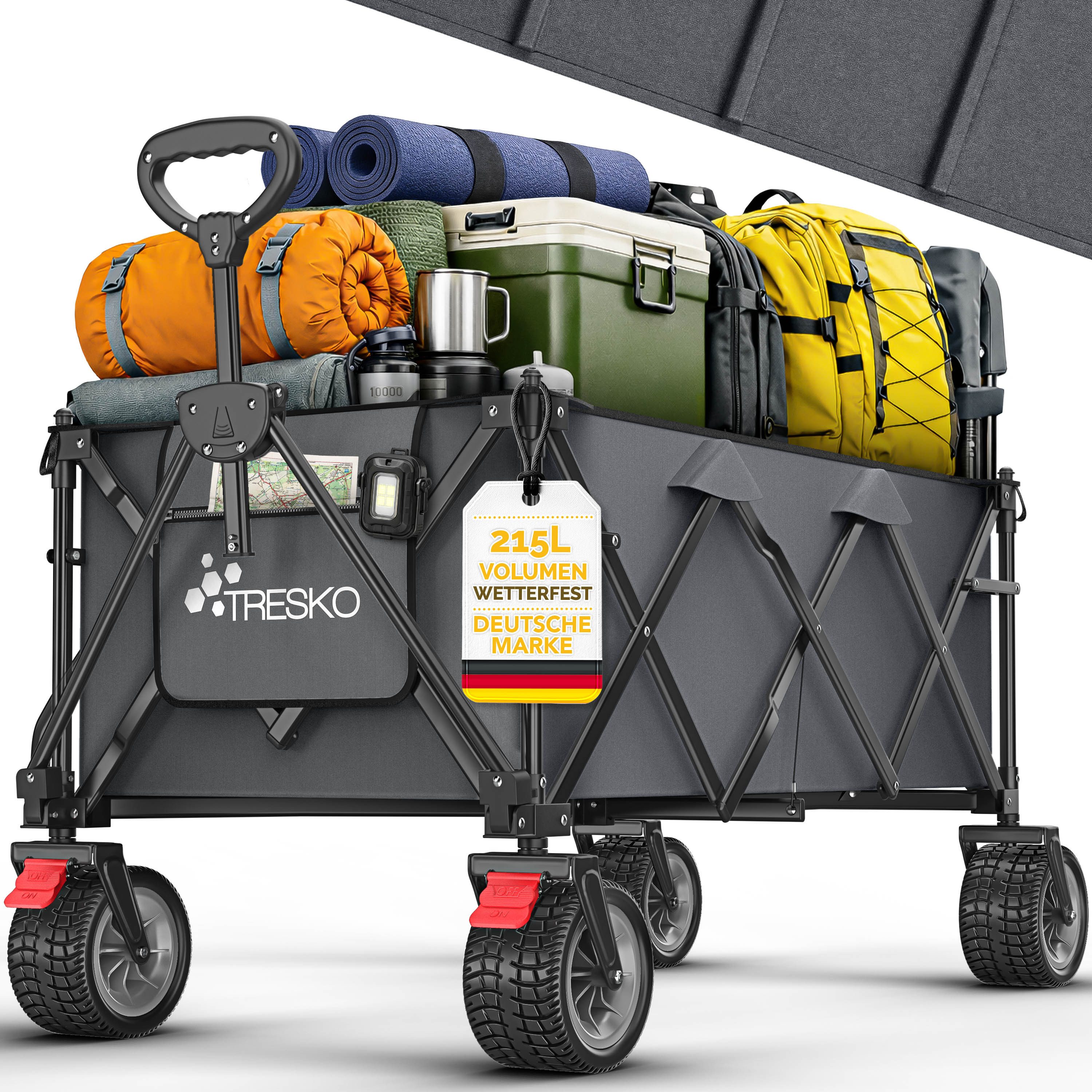 TRESKO Bollerwagen TRESKO® GV-215 Faltbarer Bollerwagen Handwagen (Faltbarer Strandwagen Extra Breite All-Terrain-Räder, Transportwagen mit Tragetasche), faltbar 215L mit Bremse Handwagen klappbar 150kg inkl. Vollgummireifen