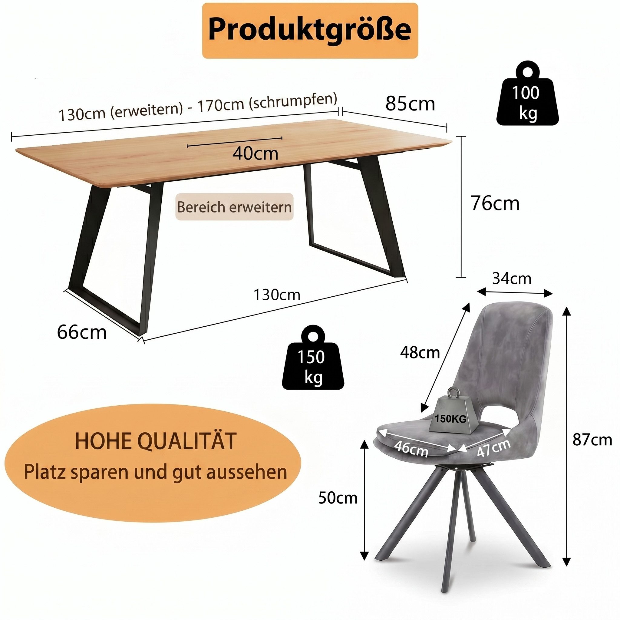Jiexi Essgruppe Essgruppe ausziehbar MDF Eiche-Optik Tisch mit Flanell Stühlen