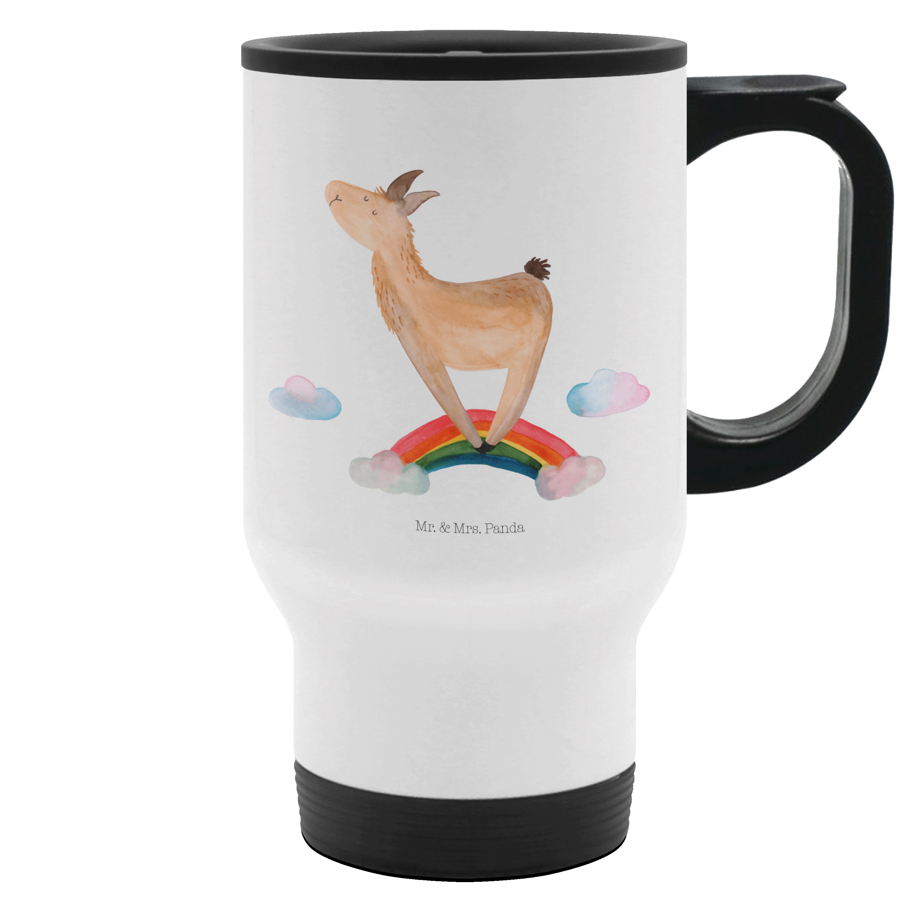 Mr. & Mrs. Panda Thermobecher Lama Regenbogen, Mehrwegbecher, Weiß, Freiheit, Hobby, Kaffeebecher T, 1-tlg., Edelstahl