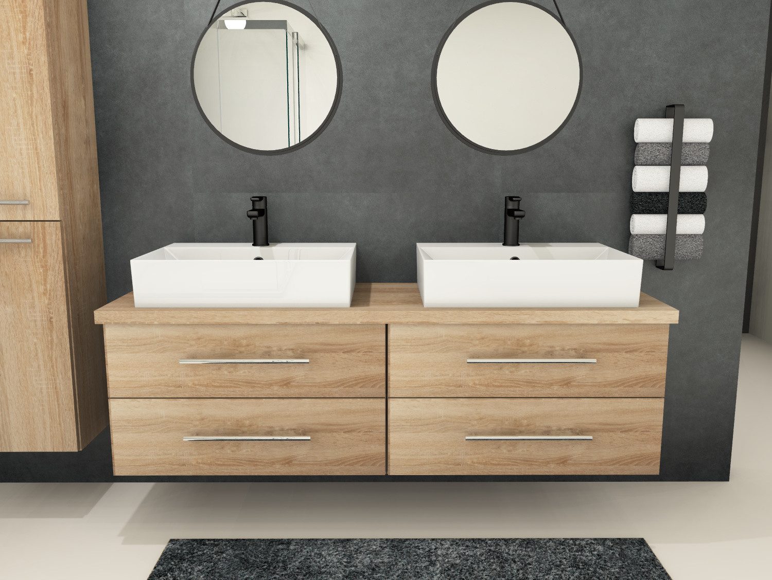 Aqua Bagno Badmöbel-Set Badmöbel-Set Flex 160 cm Eiche Gold mit eckigen Aufsatzbecken & Platte, (vormontiert, 5-St., Badmöbelschrank melaminbeschichtet, Trägerplatte, Keramikwaschbecken), einfache Montage, Skandi