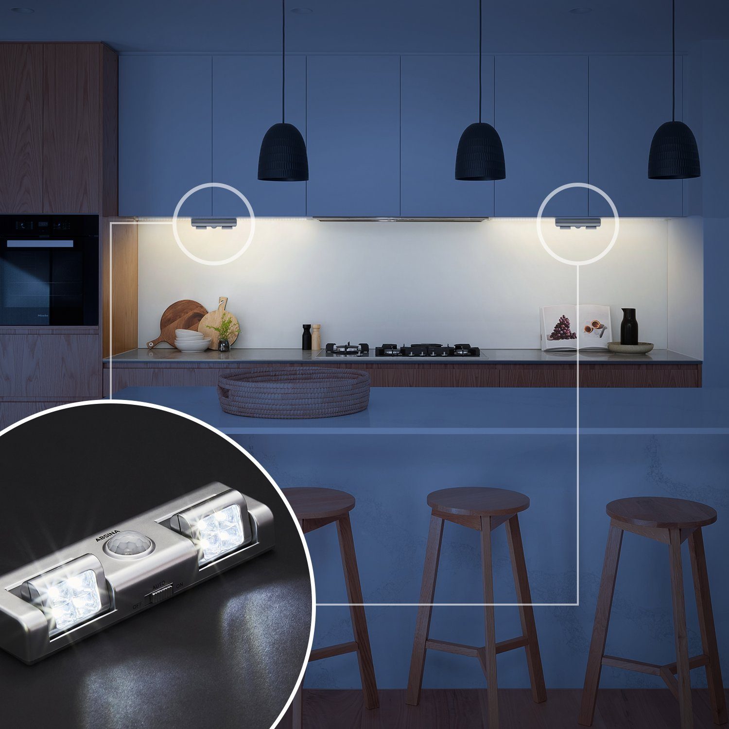 ABSINA Unterschrankleuchte LED Licht mit Bewegungsmelder Batterie -  Nachtlicht batteriebetrieben mit einstellbarer Lichtstrahlung für Schrank,  Treppe uvm - Bewegungslicht innen, LED Schrankbeleuchtung, LED Sensor Light