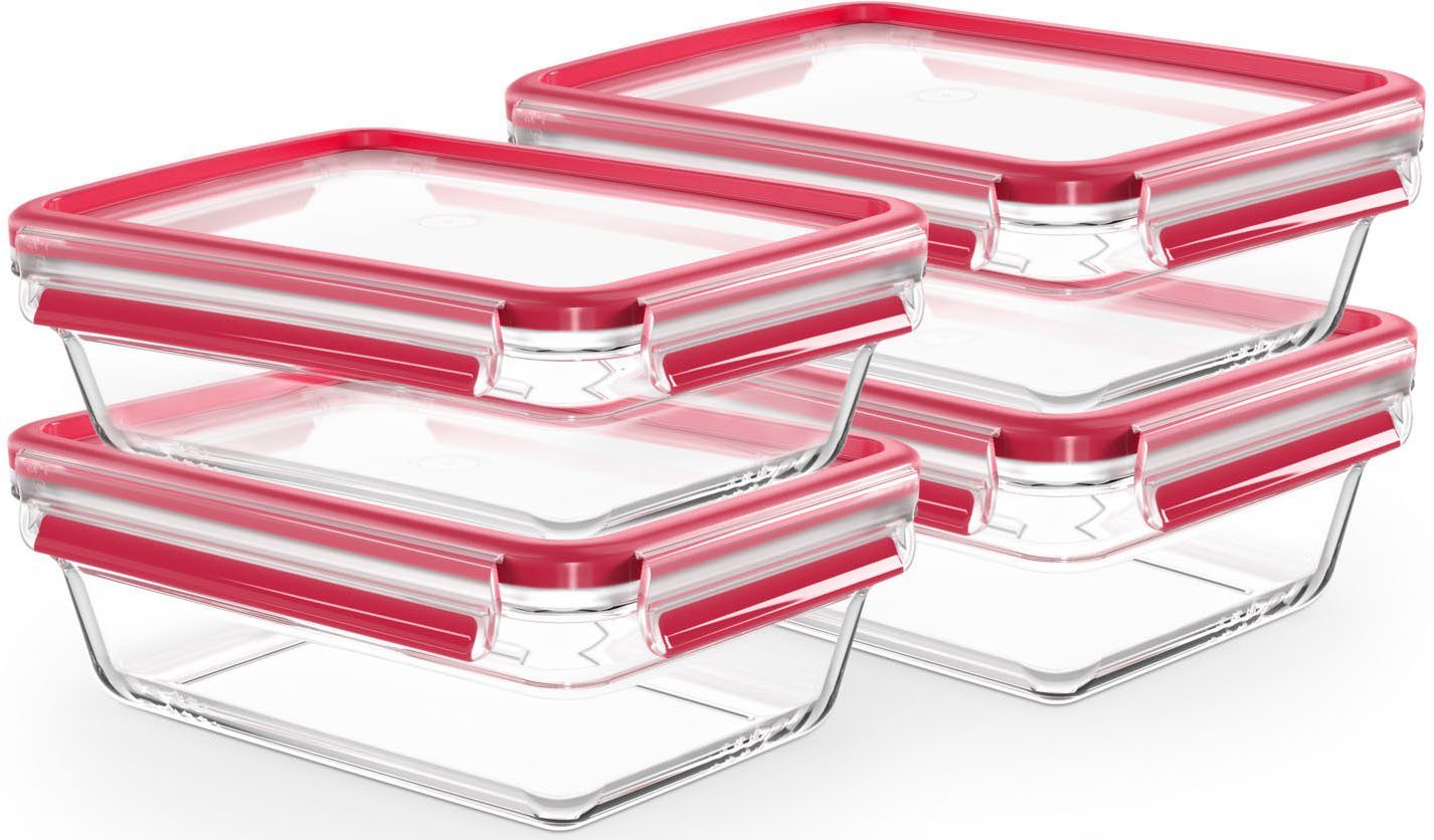 Emsa Frischhaltedose Clip & Close Glas Set, rechteckig, 100 % dichte Aufbewahrungsboxen, Glas, (Set, 4-tlg., 4 Dosen mit Deckel), spülmaschinen-, gefrier-, backofen-, mikrowellenfest