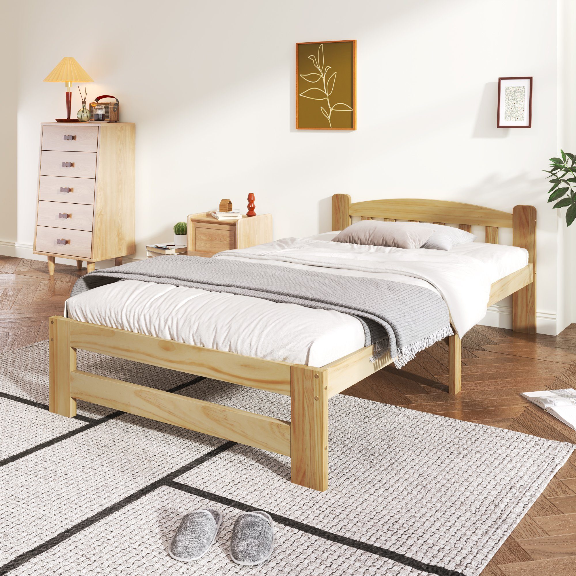 Massivholzbett (Futonbett), Einzelbett mit Kopfteil und Lattenrost, 90x200 cm