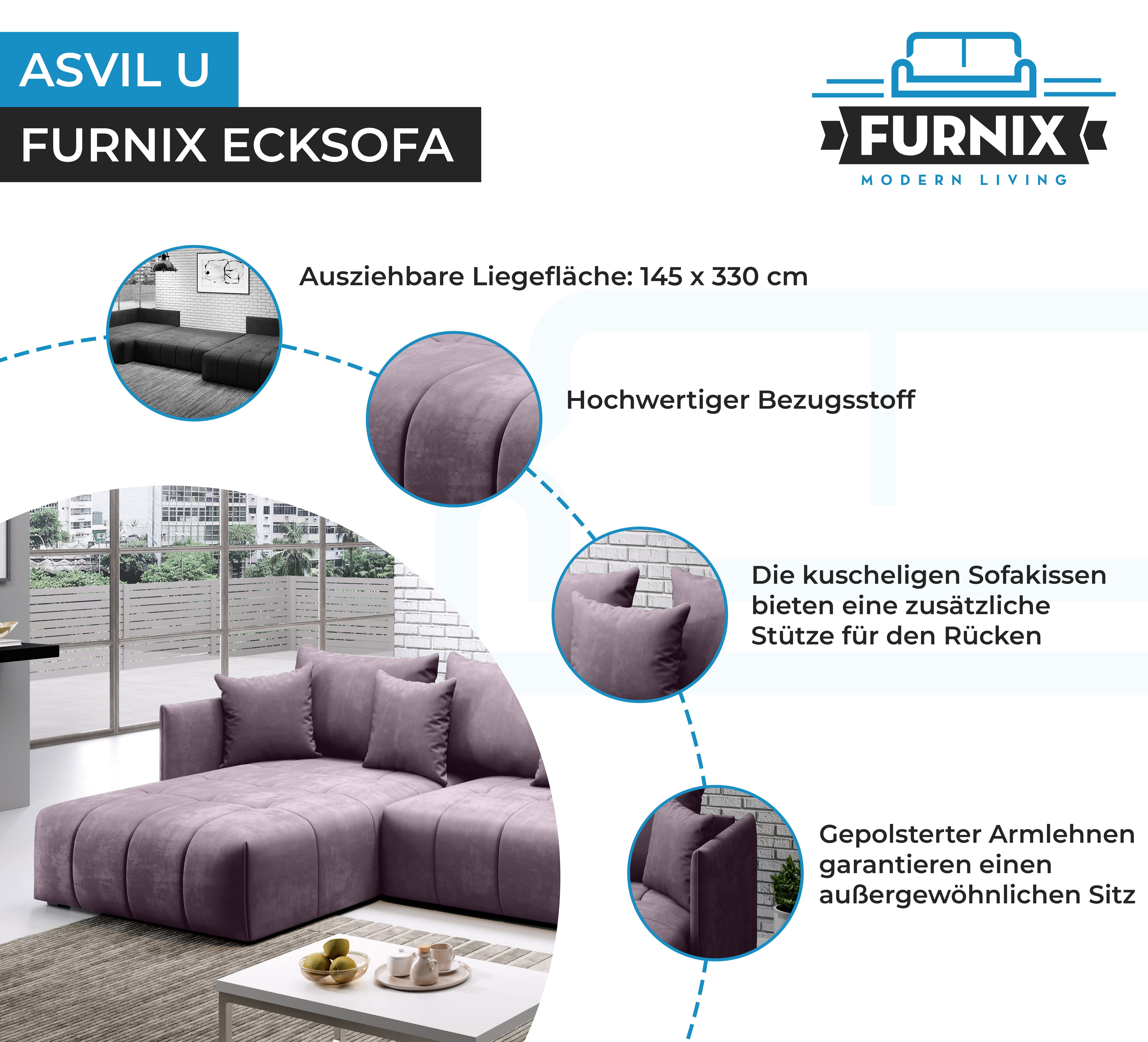 Ecksofa in x cm, Europe und H80 Furnix Farbauswahl, B353 Schlaffunktion mit T180 Bettkasten, U-Form-Sofa Lila x ASVIL Made MH62