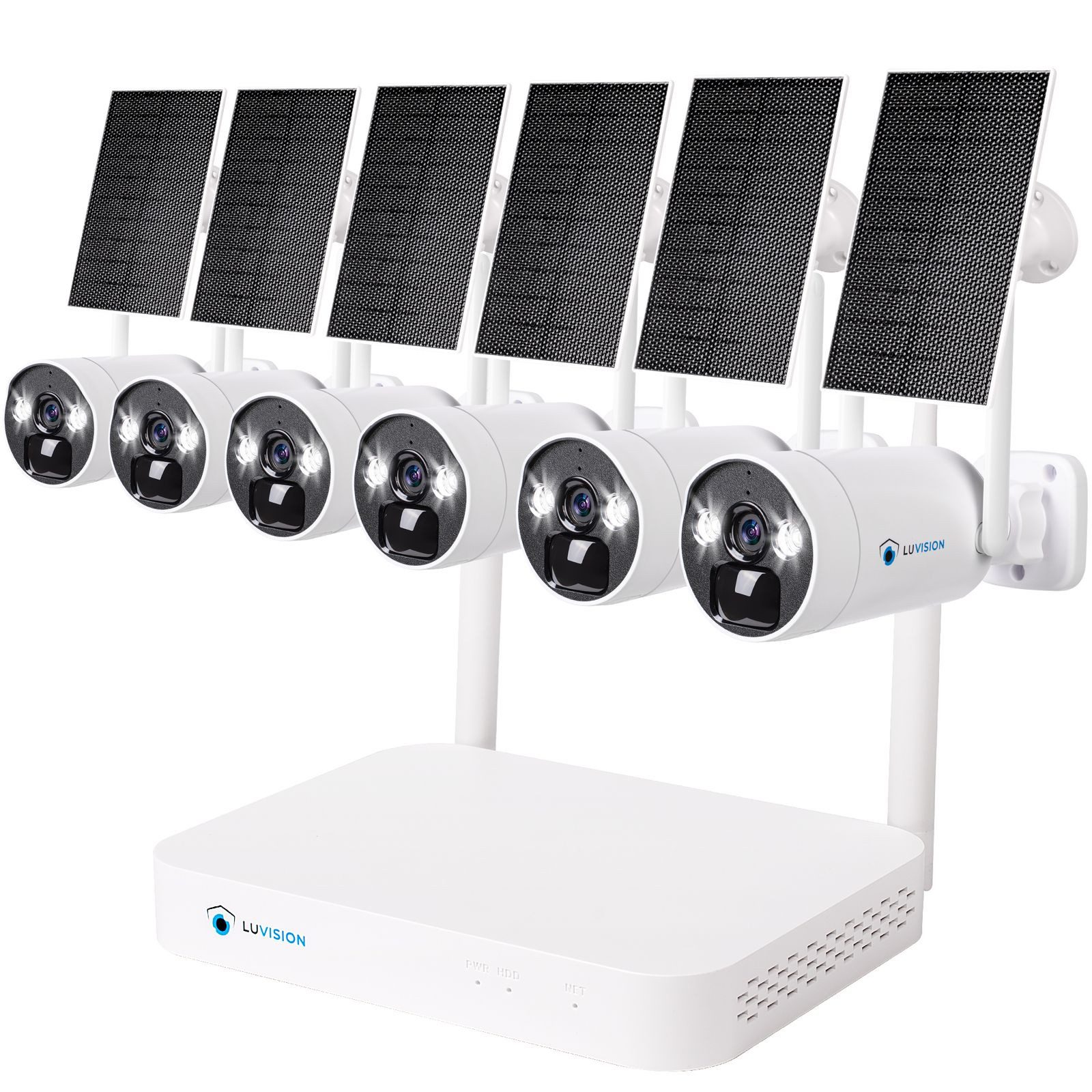 LUVISION Überwachungskamera KI Solar WLAN Funk Video Überwachungsystem 10CH NVR Kameras 4MP IR PIR (Außen- und Innenbereich, 6-tlg., WLAN Solar Akku Überwachungssystem 4MP 6 x Überwachungskamera Mikrofon, Cloud, 2-Wege Audio, 10 Kanal NVR, Solarpanel, Batterie, Smartlicht)