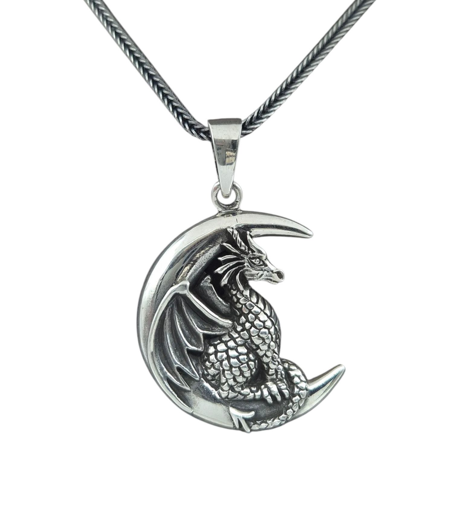 Kette mit Anhänger Silber Drache Mond Fuchsschwanzkette Halsschmuck mystischer Anhänger