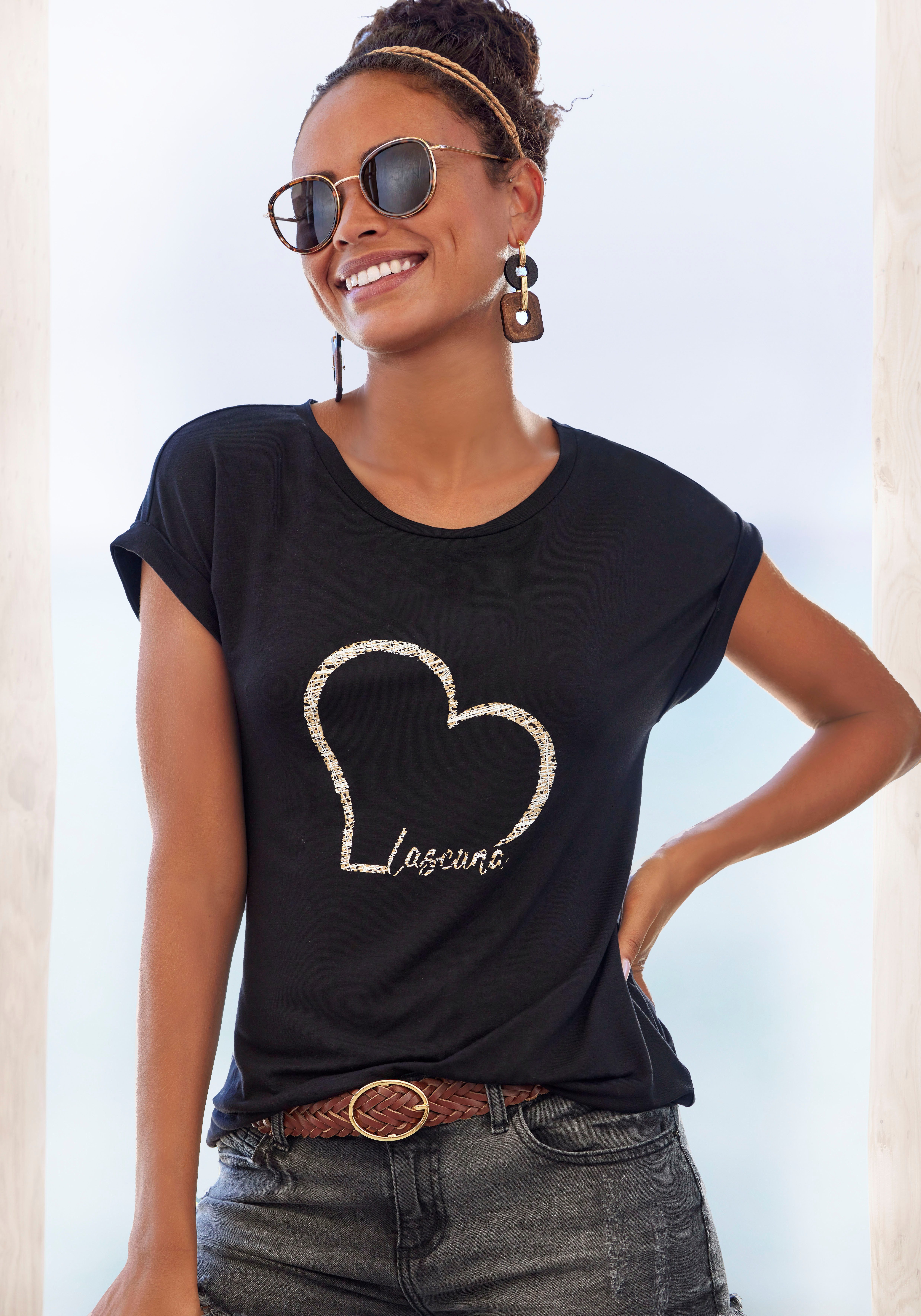 LASCANA Kurzarmshirt mit Lascana Herz Print aus weichem Viskose-Stretch