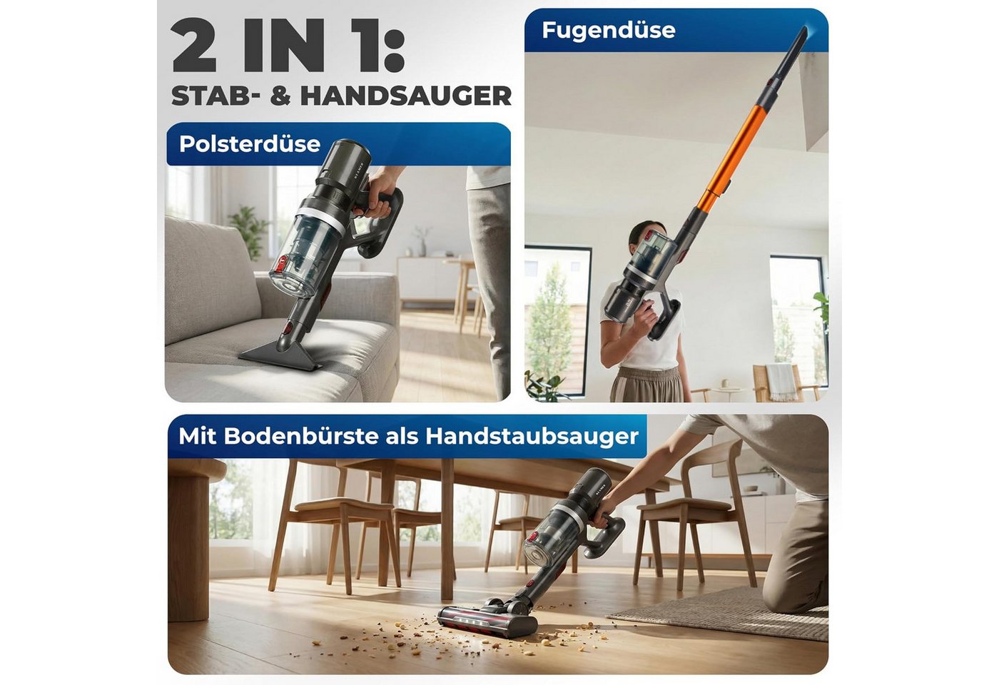 KLAMER Akku-Hand-und Stielstaubsauger 2-in-1 kabellos mit 60 Min Laufzeit, Handstaubsauger für Teppich, Har…, 460 W, beutellos, 2in1 Funktion, LED-Bodenkopfbeleuchtung, Wandhalterung, 3 Aufsätze