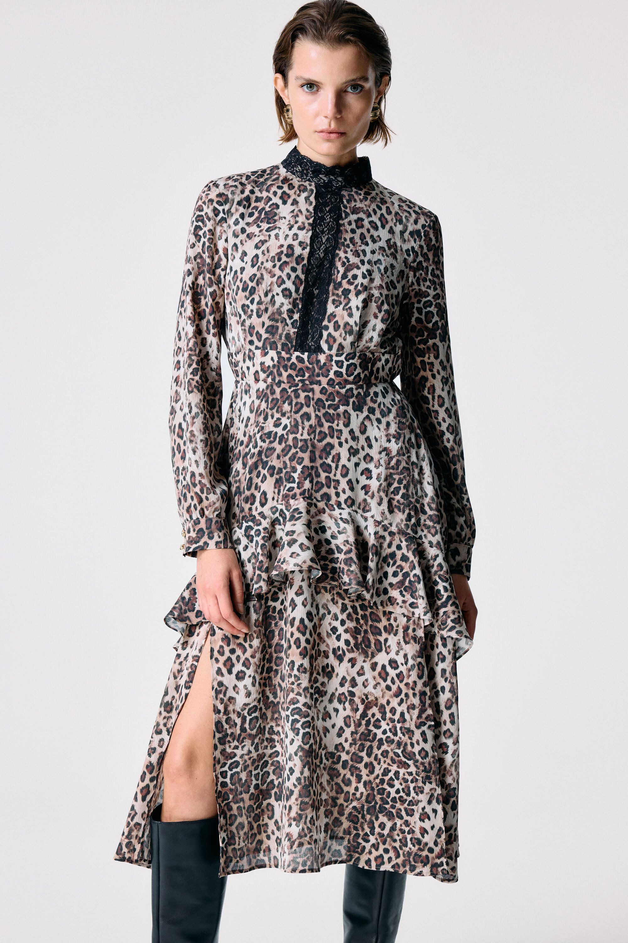 adL Hemdblusenkleid Leopardenkleid mit Spitzendetail
