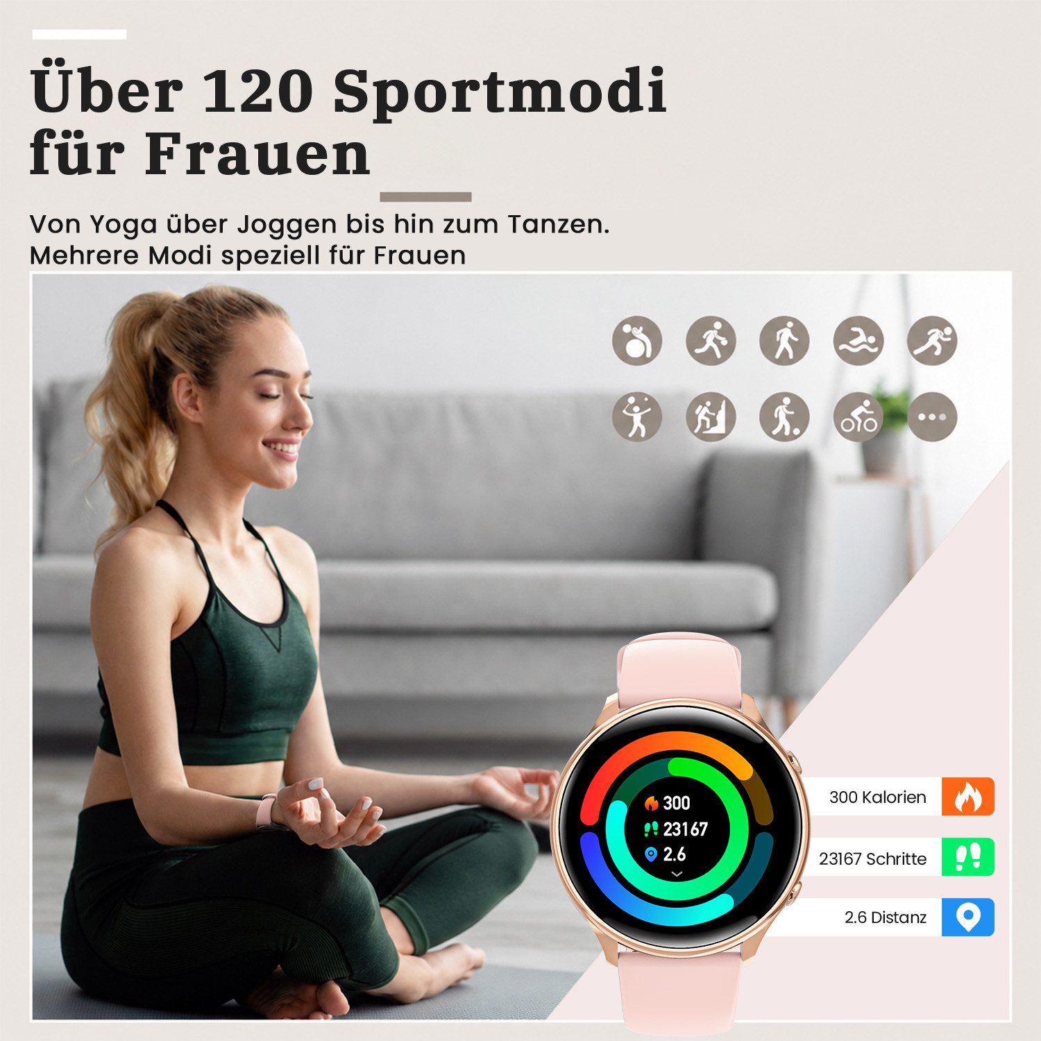 Whraills Smartwatch Damen 4.7mm ultradünn mit 120+ Sportmodi/Pulsuhr/Blutdruck Smartwatch 1,43″ AMOLED Display Fitnessuhr Damen mit SpO2/Schlafmonitor,Zyklus, Stressmessung,Atemtraining,20 Tage Akku,IP68, Geschenk für Frauen Gold