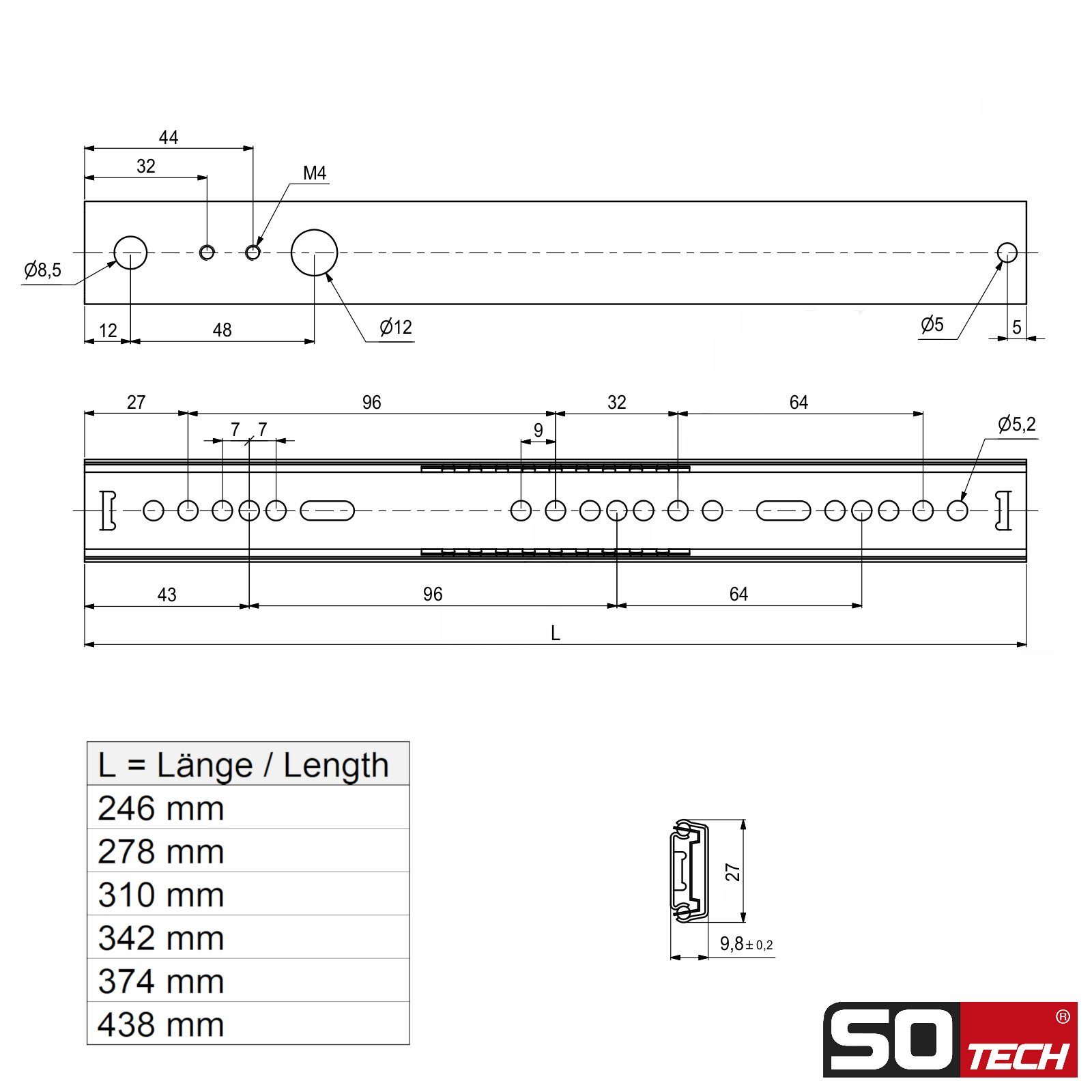 Teilauszüge SO-TECH® Traglast kg, KT-15-H27-NF-MS Standardausführung, 342 mm Auszug inkl. Länge 15 Schraubenset