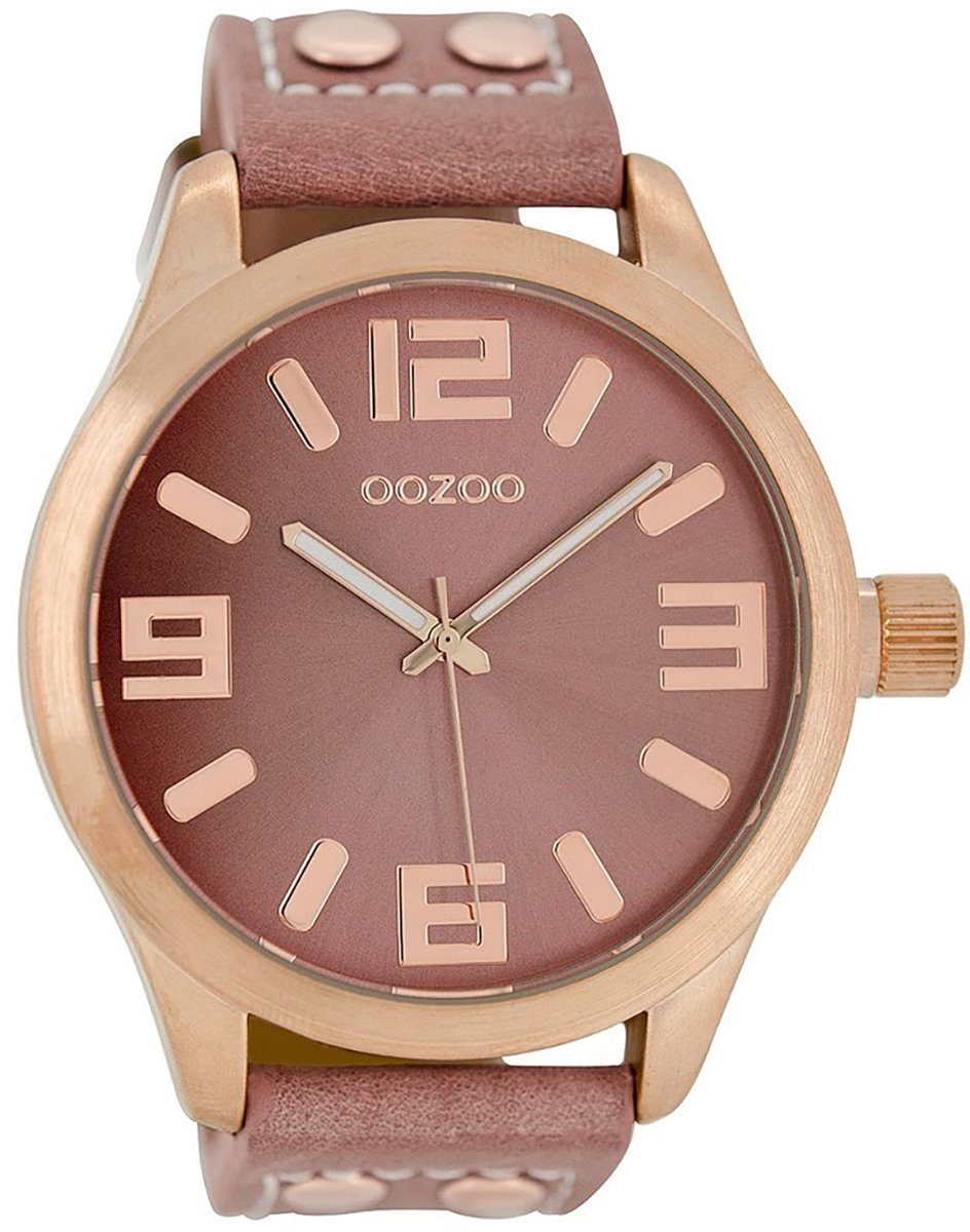 OOZOO Quarzuhr Oozoo Damen Armbanduhr Fashion-Style rund, 46mm) Damenuhr Lederarmband, (ca. altrosa, extra groß