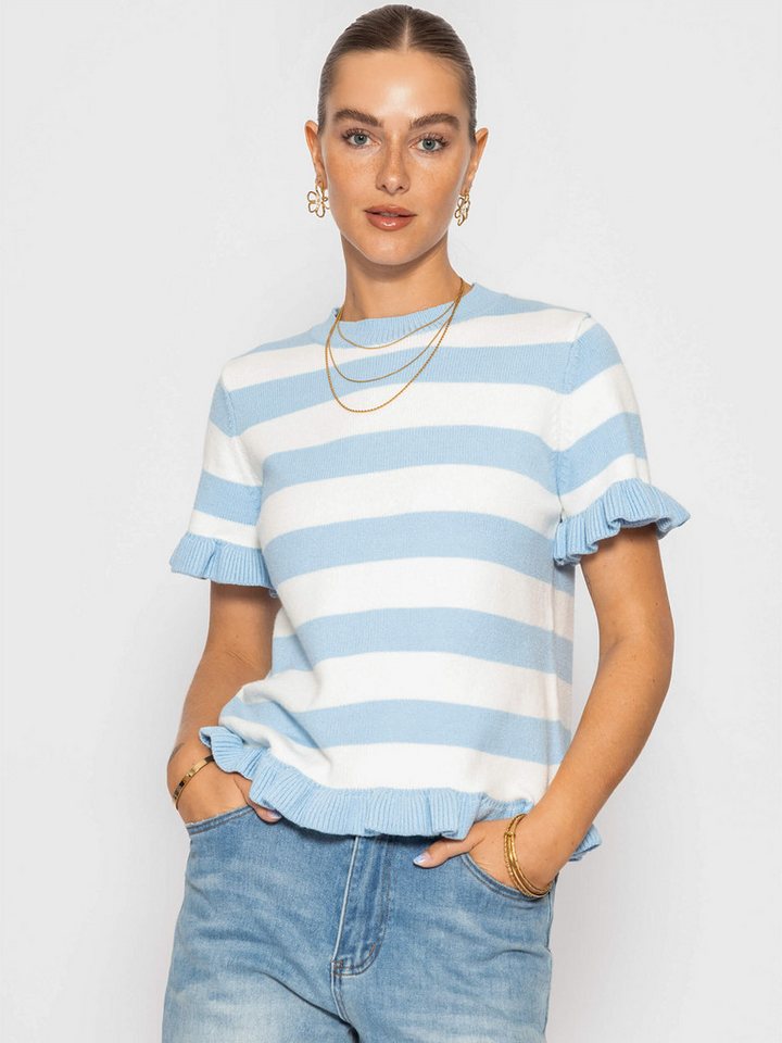 SASSYCLASSY Kurzarmpullover Gestreifter Kurzarm-Pullover mit Volants Damen Verspieltes Shirt aus Strick im geraden Schnitt mit Rundhals