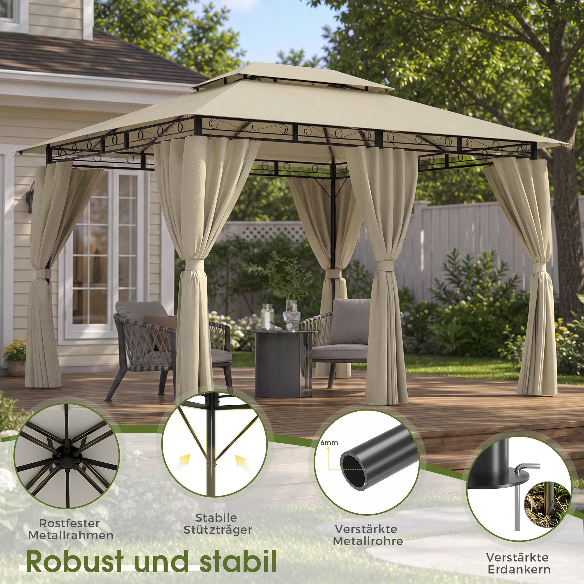 HOMALL Pavillon Winddicht und Wasserdicht, 300x300/300x400cm Pavillon für 4-8 Personen, mit 6 Seitenteilen, (mit LED-Beleuchtung(Akkus: 1 St) und ohne LED-Beleu – Bild 4 von 5