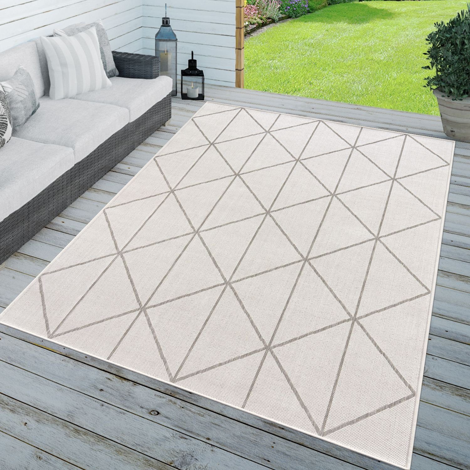 Outdoorteppich In-& Küche Höhe: Terrasse Grau Geometrisch, Home, rechteckig, Creme mm Outdoorteppich 4 TT Weiß Wetterfest
