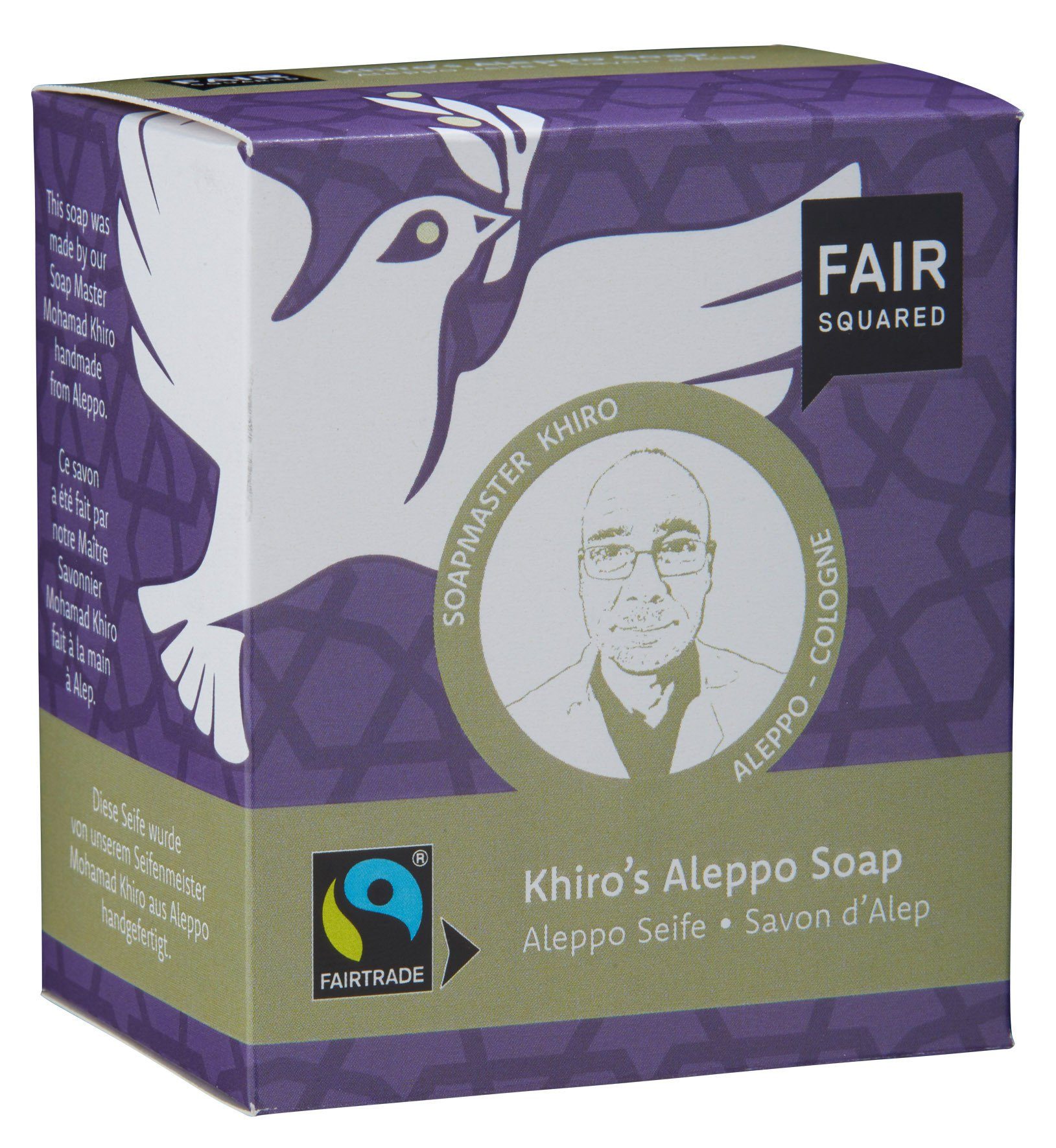 Fair Squared Handseife FAIR SQUARED Khiros Alepposeife mit Oliven- und Lorbeeröl - ein Klassiker traditioneller Seifenkunst mit fair gehandelten Inhaltsstoffen, 1-tlg., Für alle Hauttypen