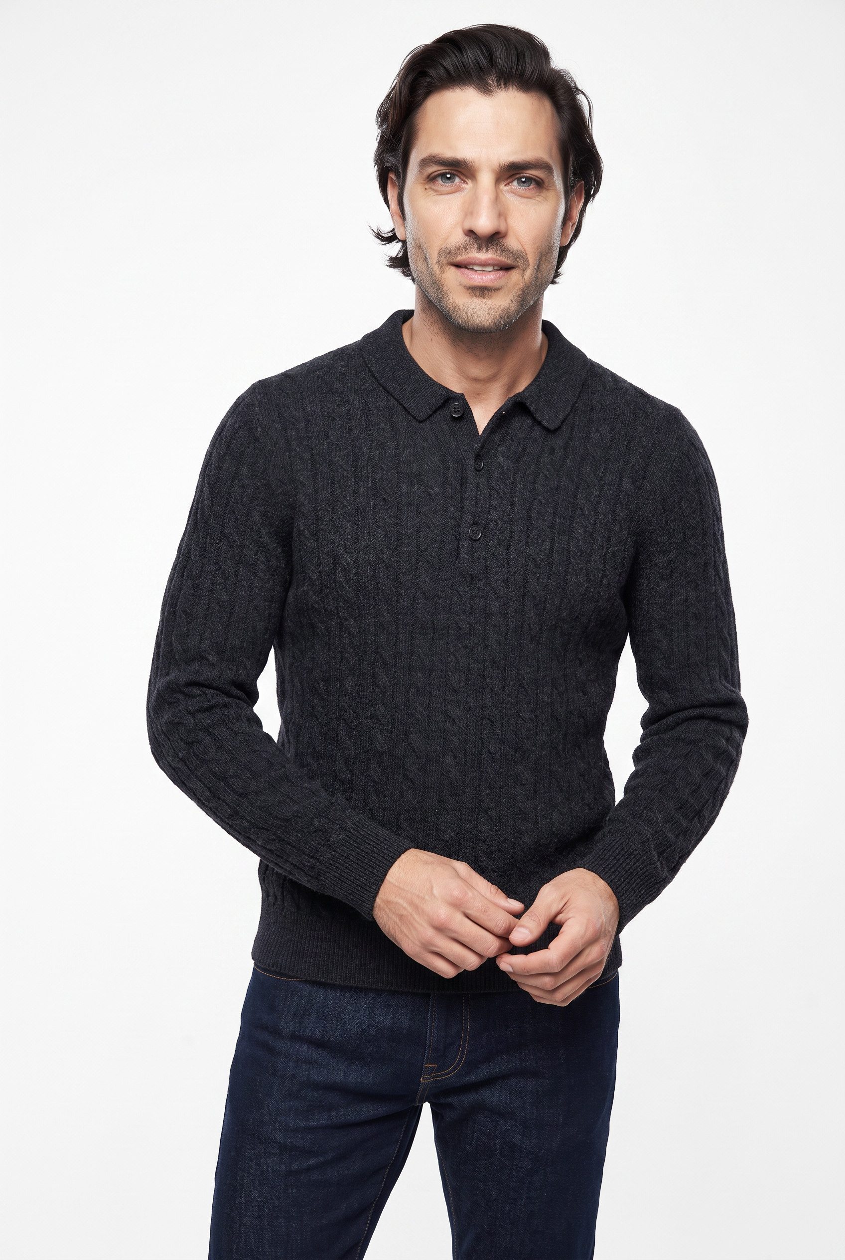 LINDBERGH Strickpullover mit Zopfmuster, Polo-Kragen und Wolle