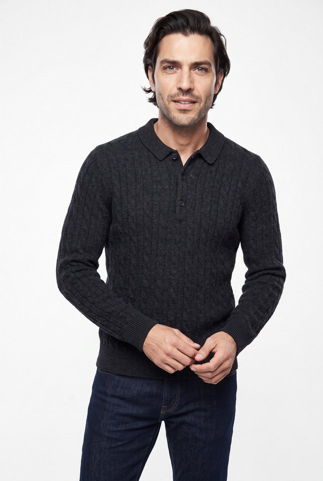 LINDBERGH Strickpullover mit Zopfmuster, Polo-Kragen und Wolle