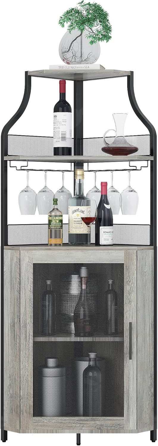 GarveeMore Weinschrank 5-stöckiges mit Glasständer und verstellbaren Regalen,47x32x154cm industrielles Eckschrank,Barschrank mit Türen aus Metallgitter für bar