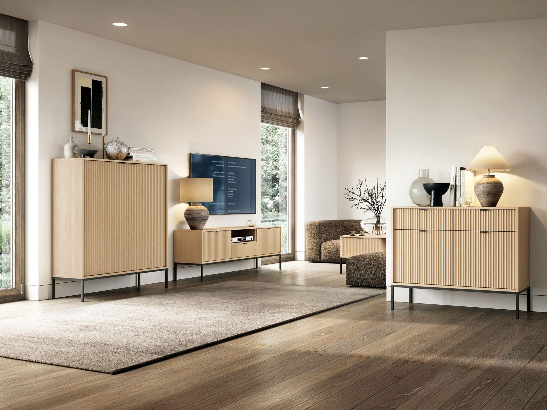Selsey Sideboard VELLORE, 104 cm, 2 Türen & 2 Schubladen, geriffelte MDF-Fronten, Metallgestell