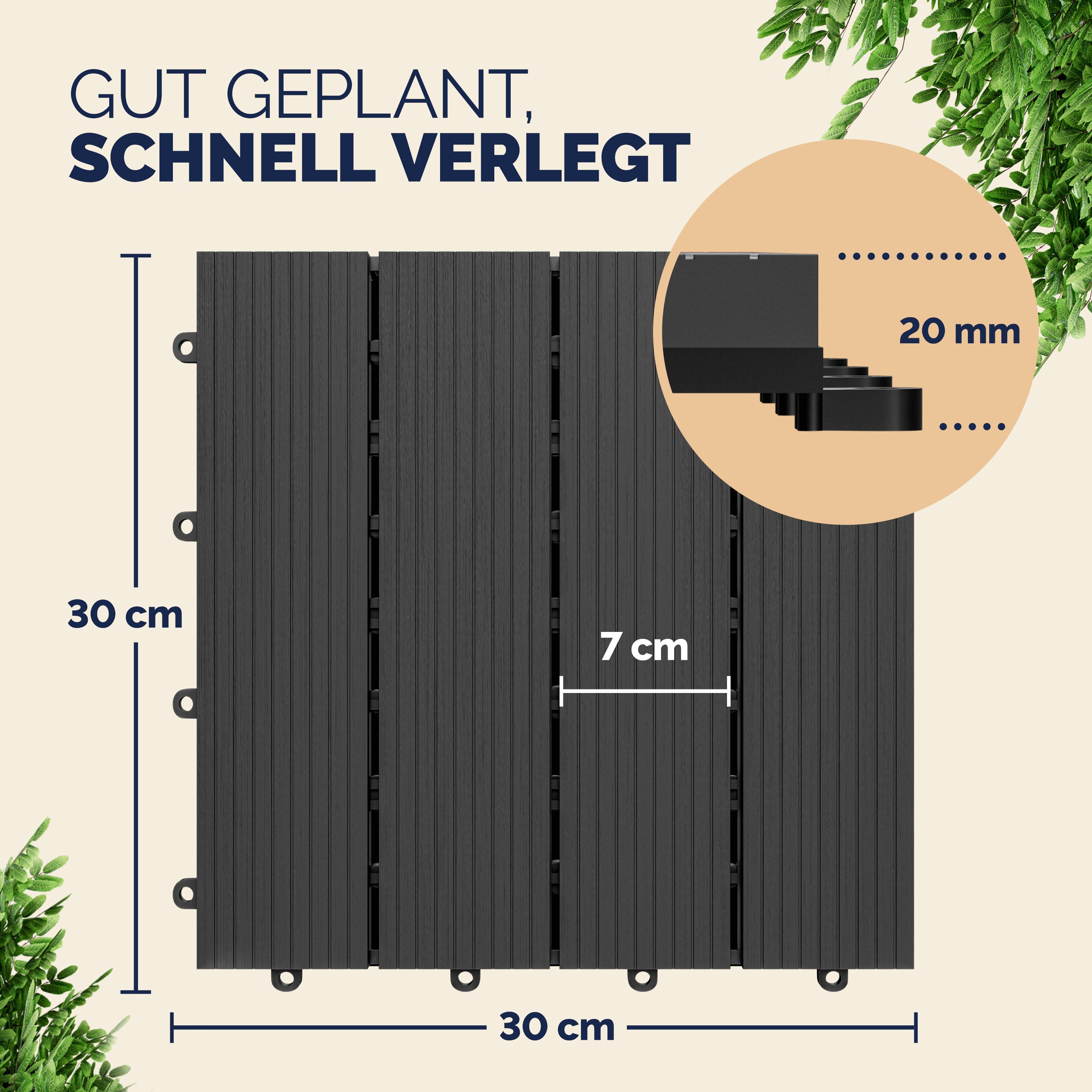 Casaria Holzfliesen 22x Klassik Anthrazit, Terrassenfliesen 1-6m² WPC Fliesen Balkon Garten Verschiedene Farben